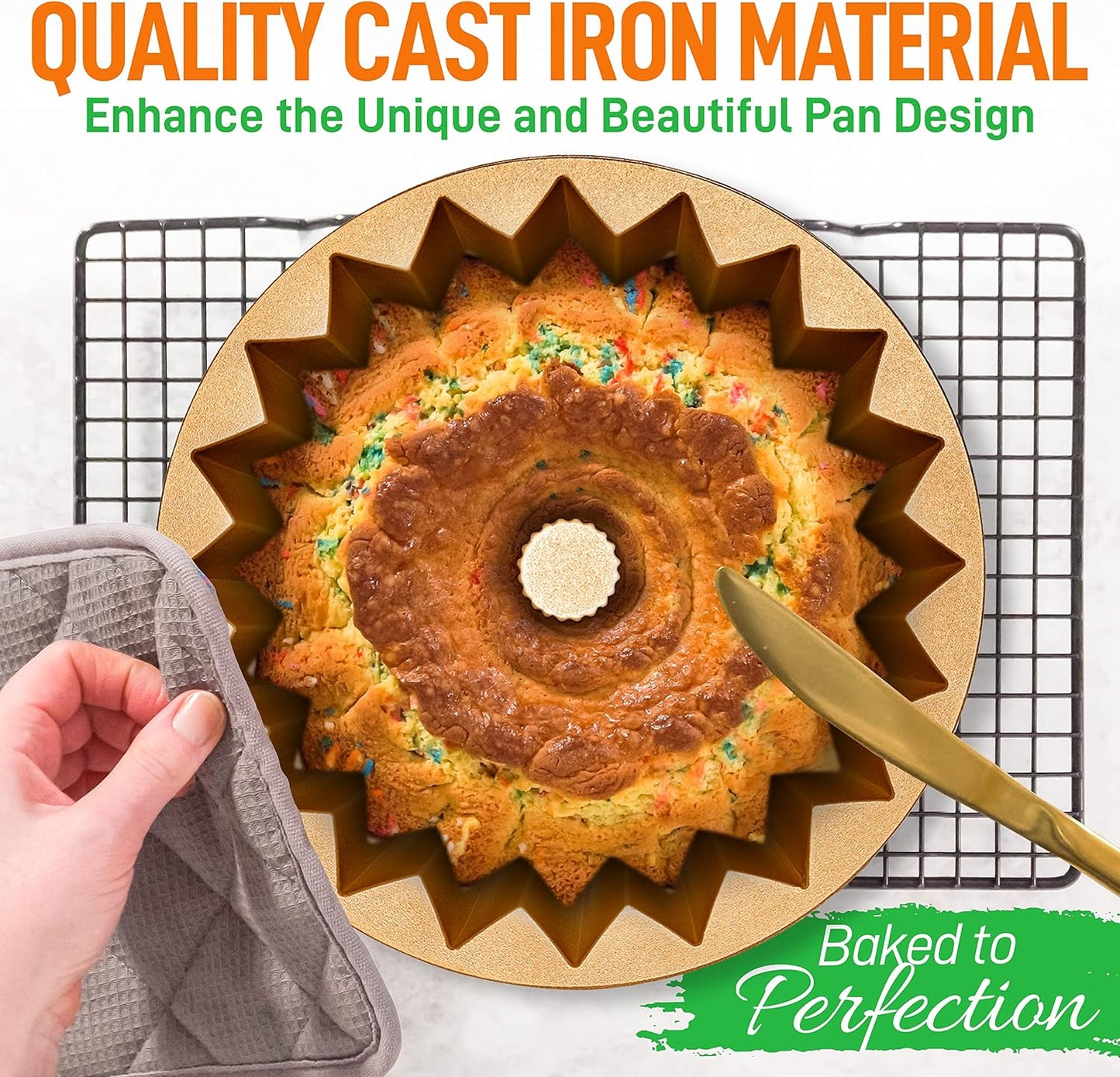 NutriChef 9-Inch Cake Pan - Thick and Heavy Cast Aluminum Bakeware Cake Mold with 2 Layers of Nonstick Coating - Fluted Lines Design for Uniform Baking Up To 500 Degrees - Easy to Clean, Gold