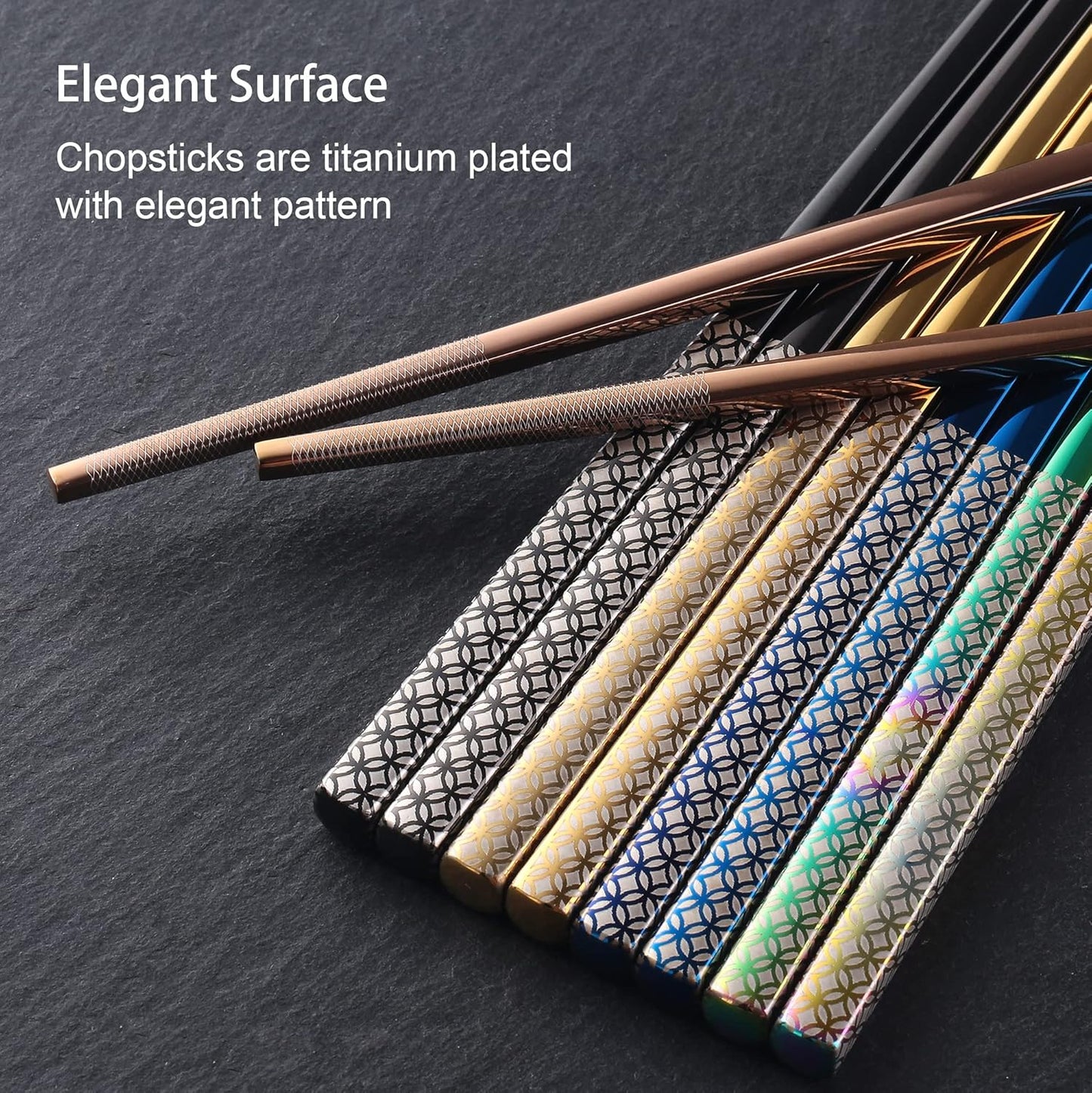 Metal Chopsticks Reusable Multicolor Stainless Steel Chopsticks Dishwasher Safe Chop Sticks Laser Engraved Copper Coin Pattern Square Non-slip, 9 1/4 Inches 5 Pairs Gift Set