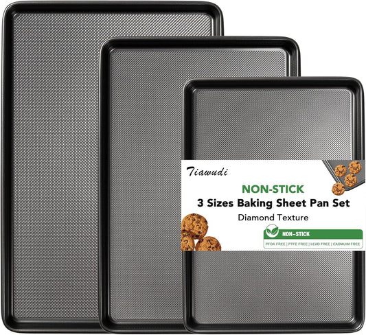 Tiawudi Baking Sheet Pan Set, 0.8mm Thick Heavy Duty Cookie Sheet with Diamond Texture Pattern, Nonstick Baking Tray for Oven, Carbon Steel Half, Jerry Roll Pan, Set of 3