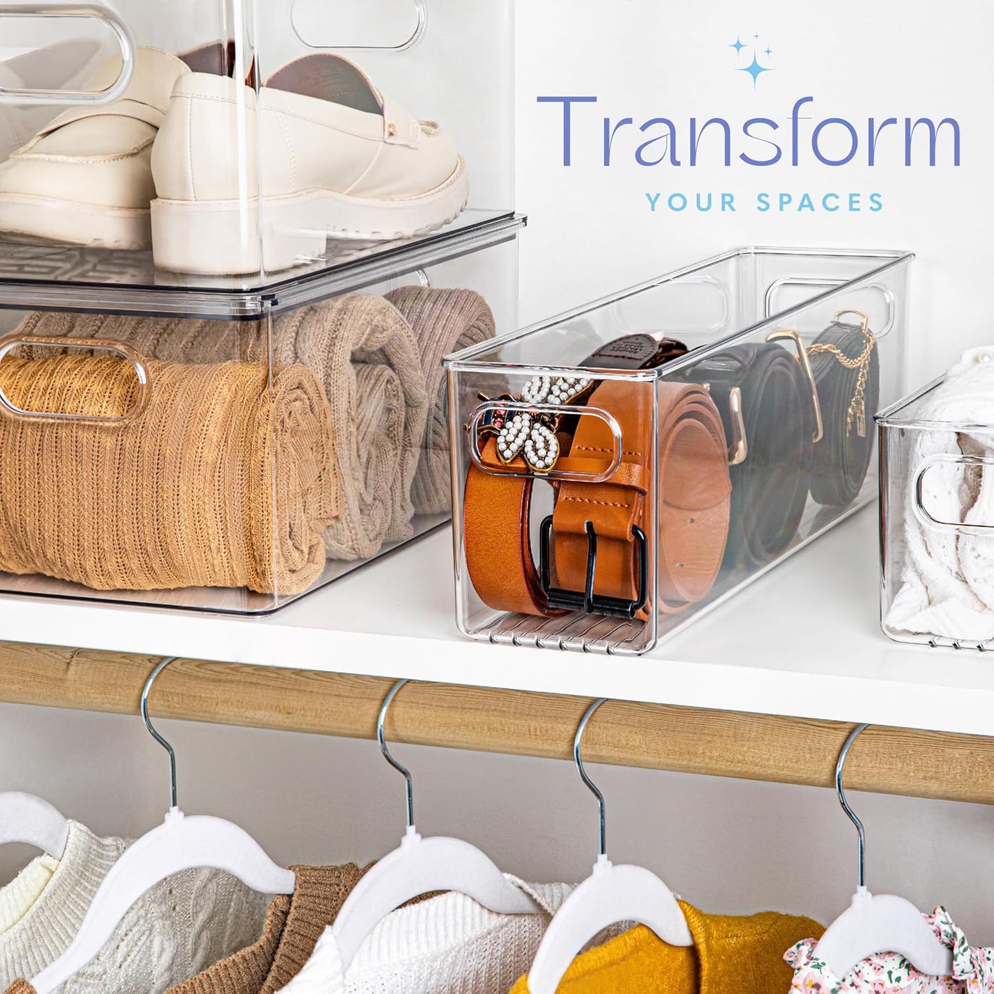 Plastic Food Storage 2 Pack Clear Container Bin with Handles for Organizing Kitchen, Pantry, Refrigerator, Freezer, Pantry, Cabinet, Closet, Bathroom. 14”x4”x5”