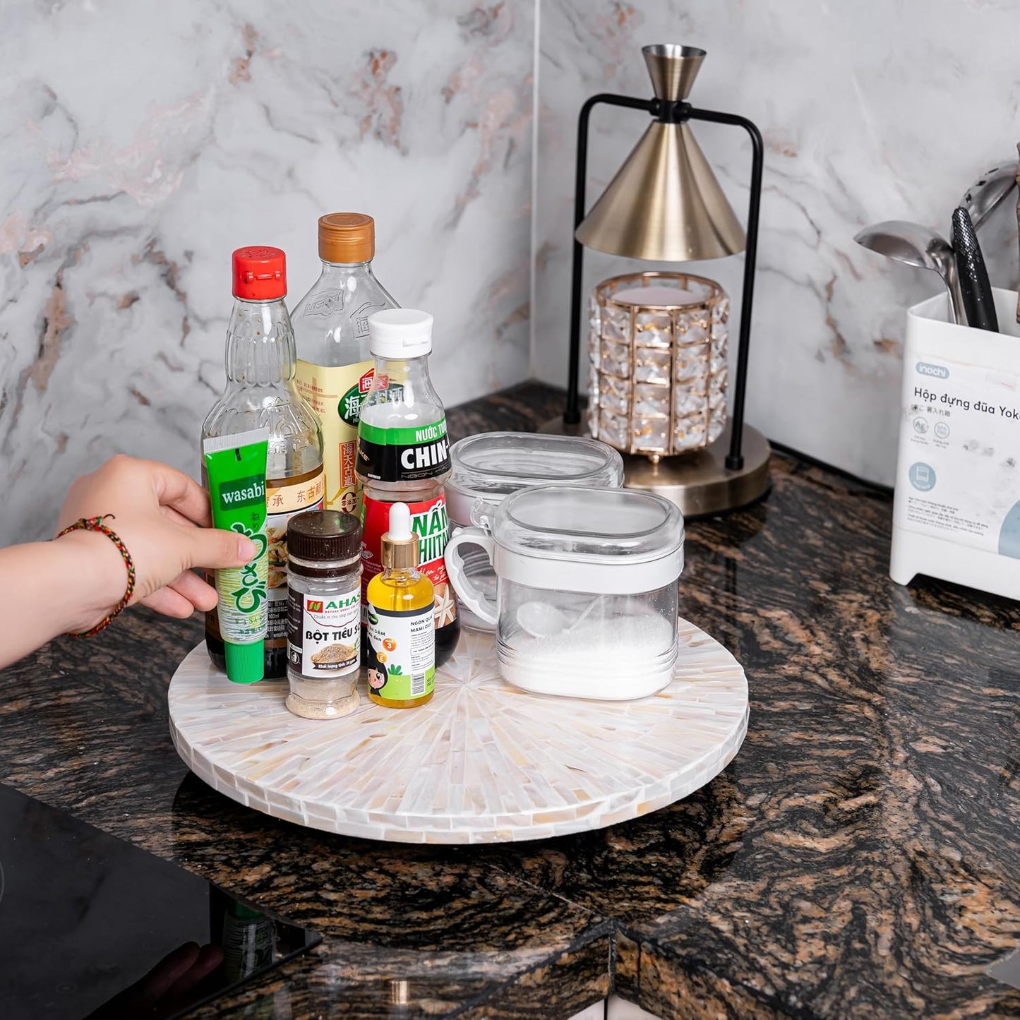 PEMAR PEMAR Mother of Pearl Lazy Susan Turntable – 12.6″ Decorative Wooden Rotating Tray Countertop Organizer (White Cream Sunlight/Starburst Pattern)