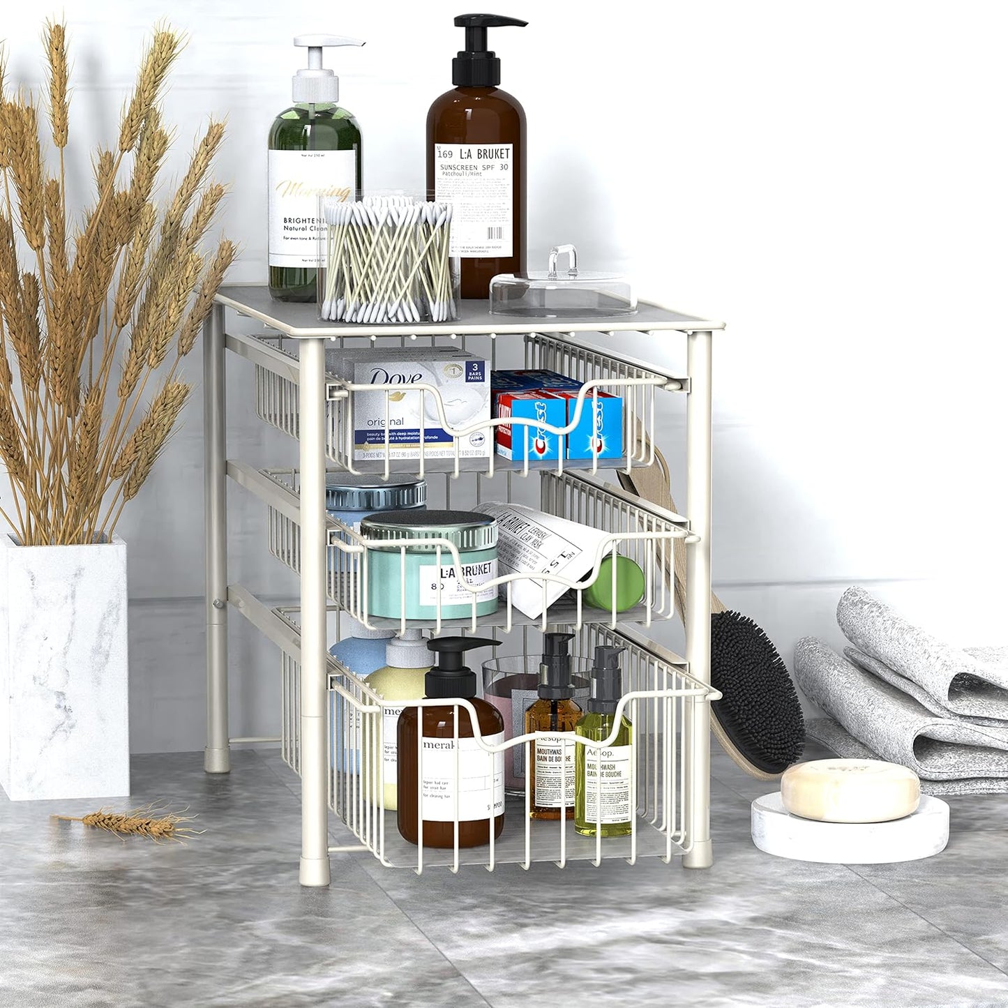 Simple Houseware 3-Tier Stackable Sliding Basket Storage Organizer Drawer for Bathroom and Kitchen, White