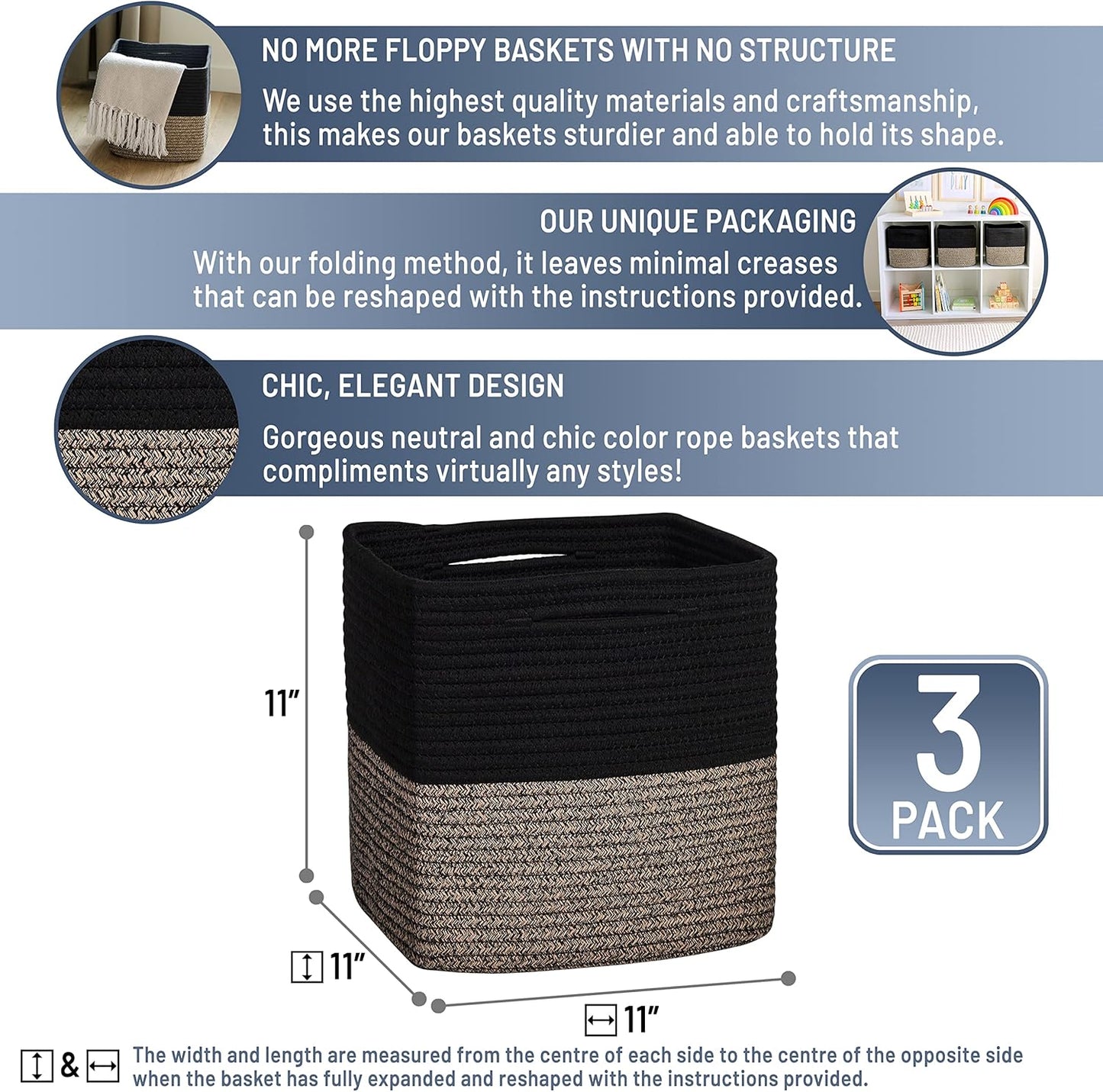 NaturalCozy Storage Cubes 11 Inch Cotton Rope Woven Baskets for Organizing, 3-Pack | Cube Storage Bin | Square Storage Baskets for Shelves Organizer, Classroom, Kids Toy Bins, Closet, Baby Nursery