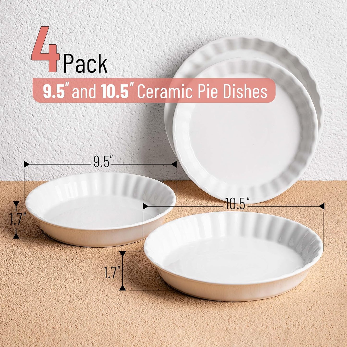 BTAT- Ceramic Pie Dish, 4 Pcs, 10.5" and 9.5", White Pie Pans for Baking, Deep Dish Pie Plate, Deep Dish Pie Pan, Deep Pie Dish for Baking, Pie Plates for Baking, Deep Pie Dish, Pie Baking Dish