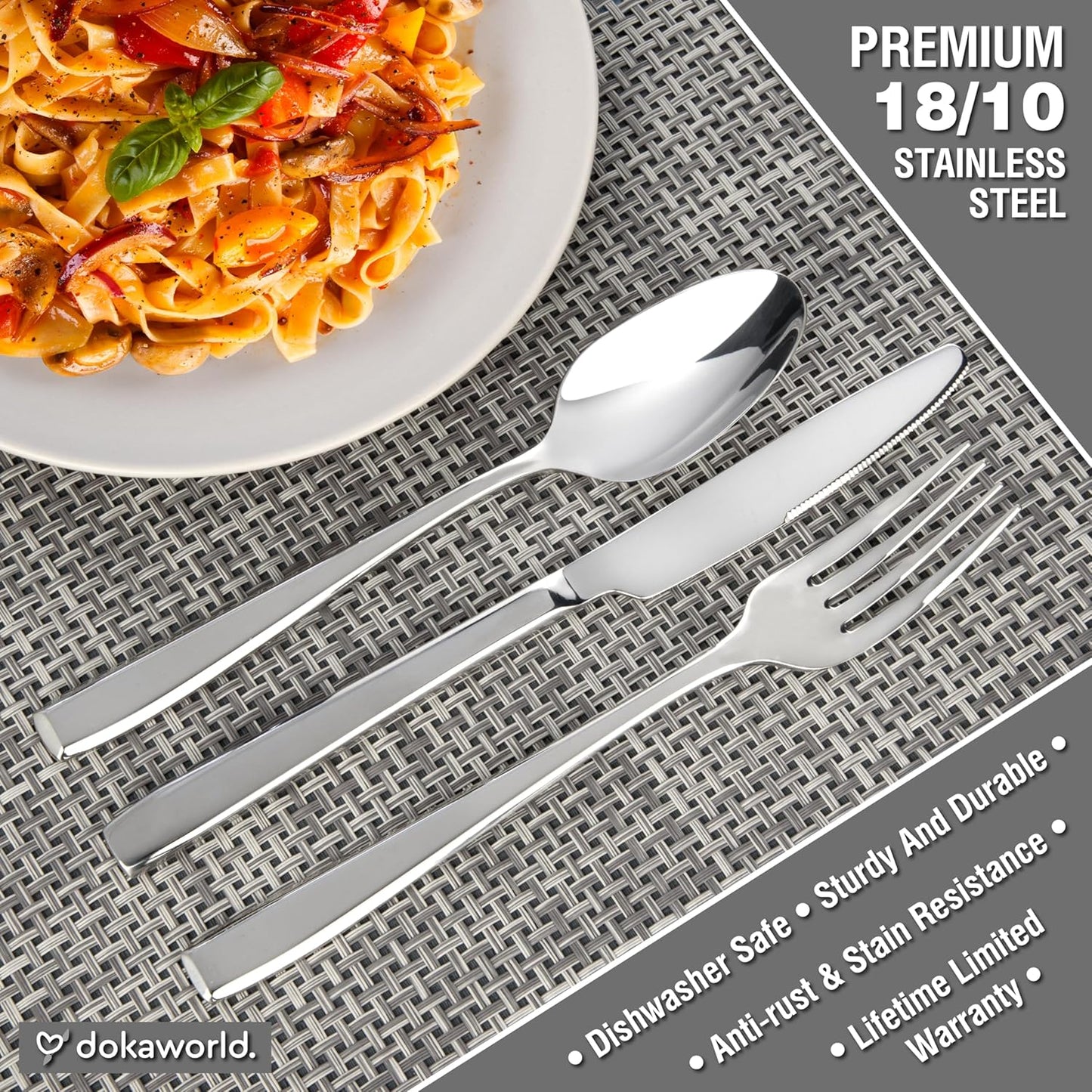 Modern Design Polished Flatware, Silverware Set for 8 persons, 40 Piece - Spoons, Forks, and Knives 18/10 Stainless Steel, Dishwasher Safe