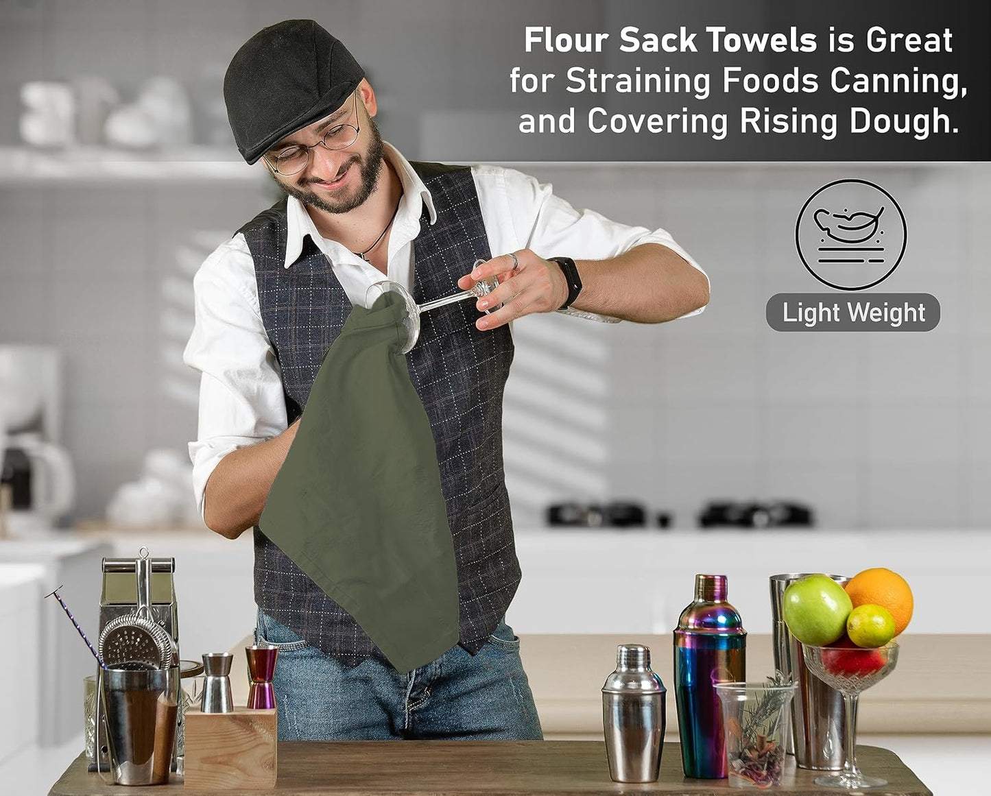 RUVANTI Flour Sack Towels 24 Pack 28x28 Inch, 100% Cotton Tea Towel, Reusable, Machine Washable, Absorbent BarTowels - Dish Cloth Perfect for Drying Dishes & Cleaning - Martini Olive