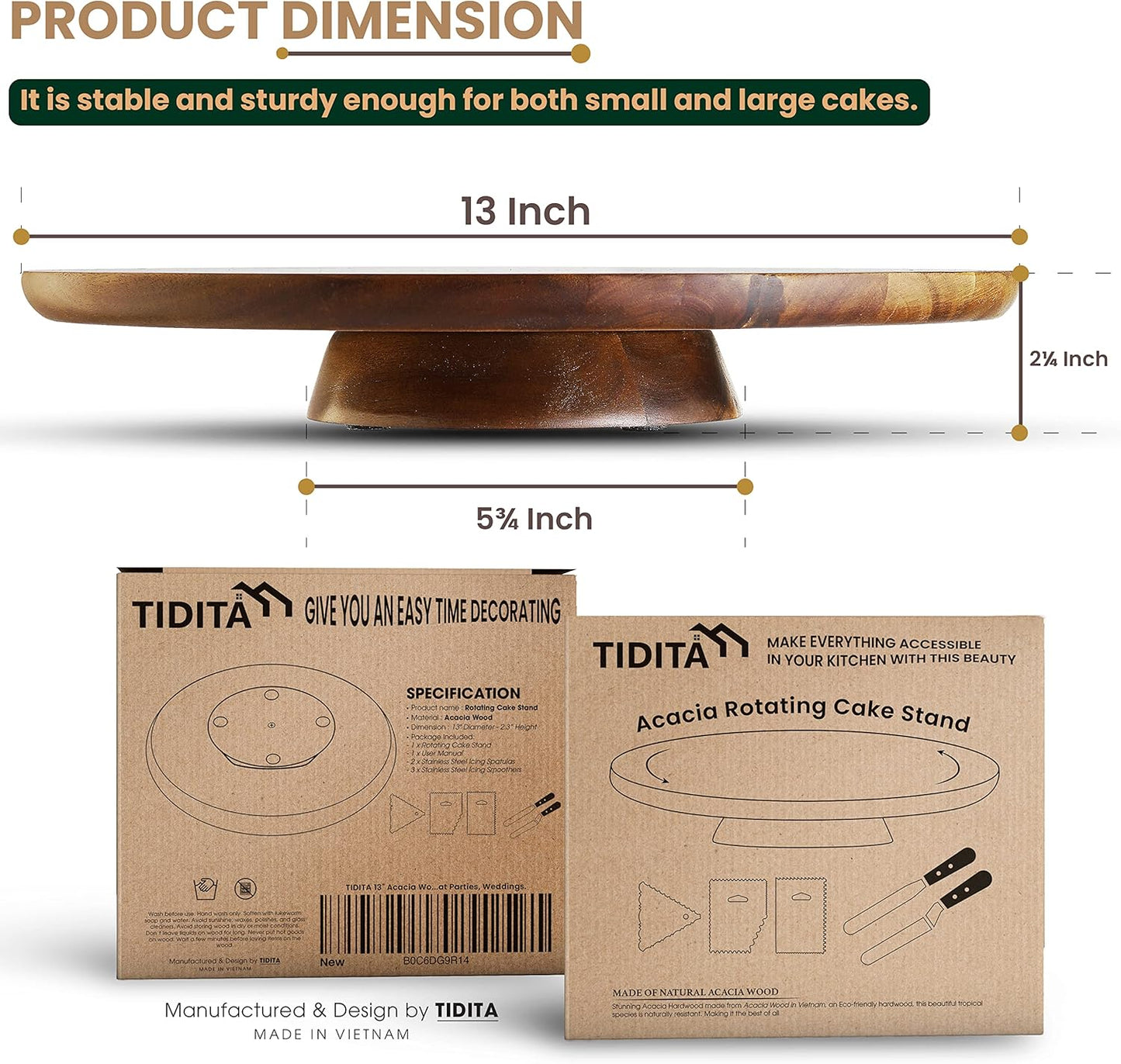 13" Acacia Cake Stand Rotating – Rustic Wood Pedestal Stands Turntable with 2 Icing Spatulas, 3 Smoothers – Wooden Spinning Cake Decorating Serving for Cupcake Dessert Display in Party, Wedding