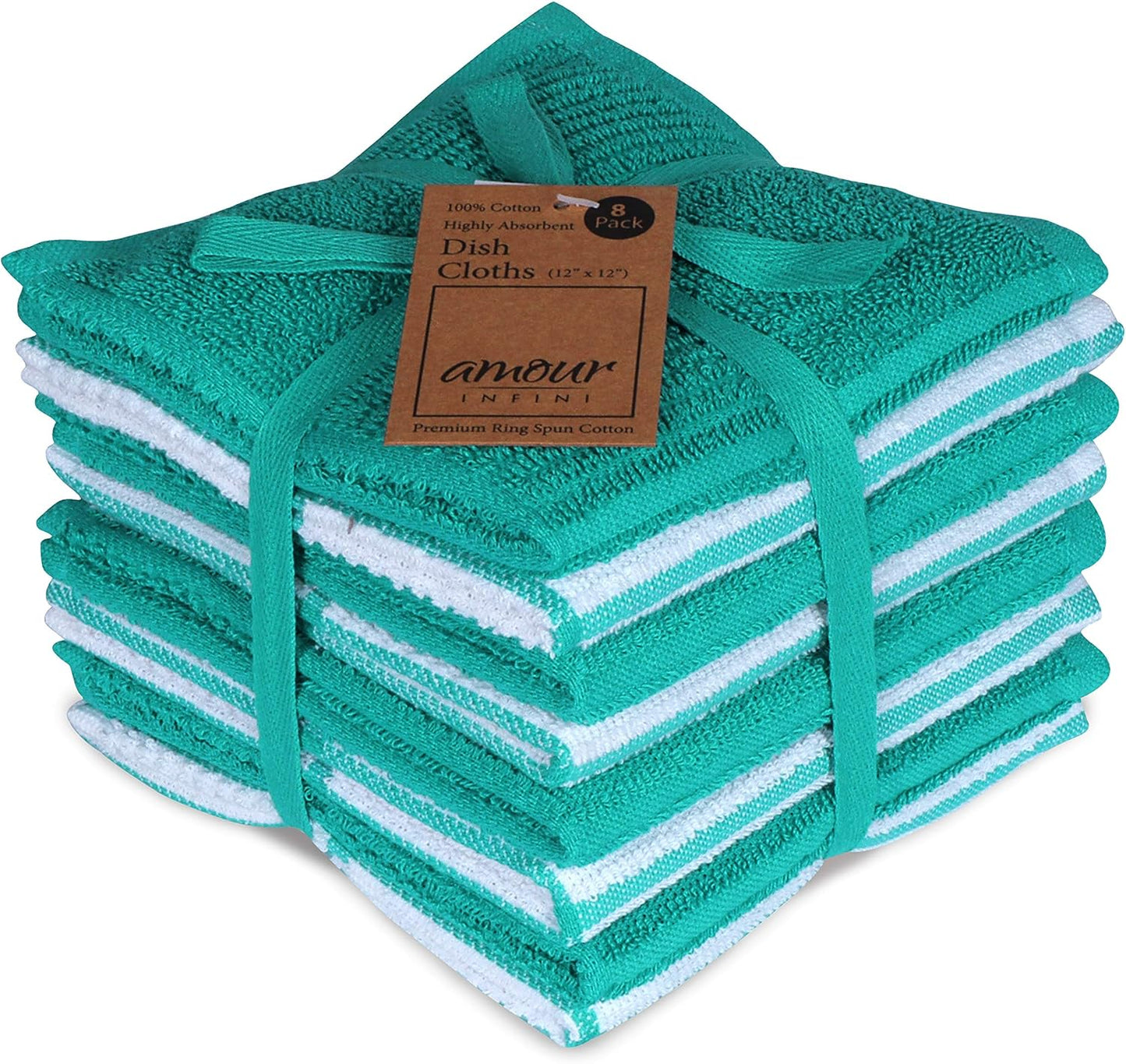 AMOUR INFINI Dish Cloths for Washing Dishes Set of 8 - Highly Absorbent, Super Soft Kitchen Dishcloths - Reusable Quick Dry Dish Rags for Cleaning & Drying Kitchen Linens (12x12 Inch - Teal)