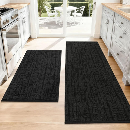 COSY HOMEER Kitchen Rugs Non Slip Washable 24"x36"+24"x60" Absorbent Soft Kitchen Mats for Floor Polyester Kitchen Runner Rug Sets of 2 Kitchen Floor Mats for Sink Mat,Hallway,Laundry,Black