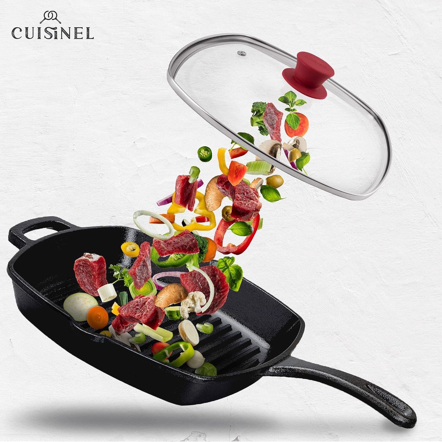 Cuisinel Square Glass Lid for Grill Pans with Steam Vent Hole - 10.5"-inch/26.67cm - Fits Lodge Cast Iron - Fully Assembled Universal Replacement Cover - Tempered and Oven Safe - Reinforced Stainless