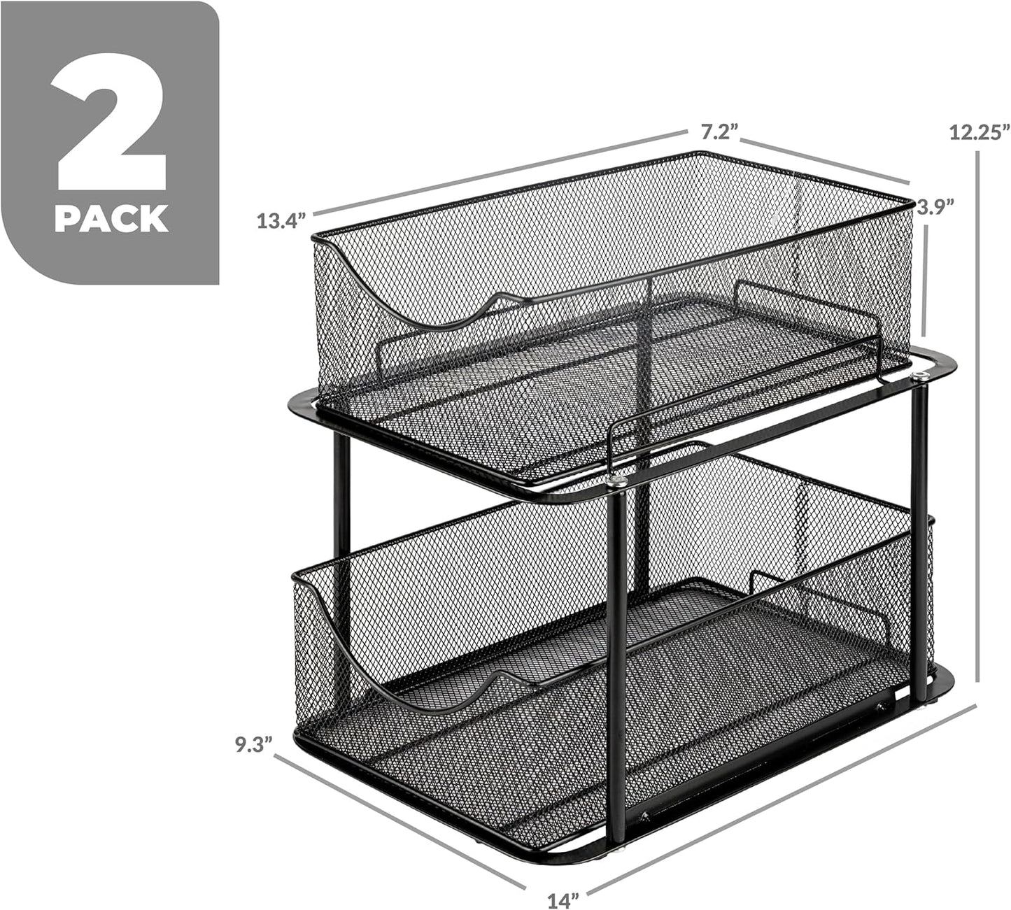 Sorbus 2 Sets of 2 Tier Metal Under Sink Organizer for Bathroom, Kitchen, Strong Steel Mesh Sliding Drawers for Under Sink, Under Cabinet, Closet, Kitchen, Pantry, Bathroom Organizers and Storage