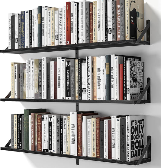 Heimlove Floating Shelves for Wall, 36 Inch Long Wood Floating Bookshelf Set of 3, Wall Mounted Hanging Shelf for Bathroom Bedroom Kitchen, Black