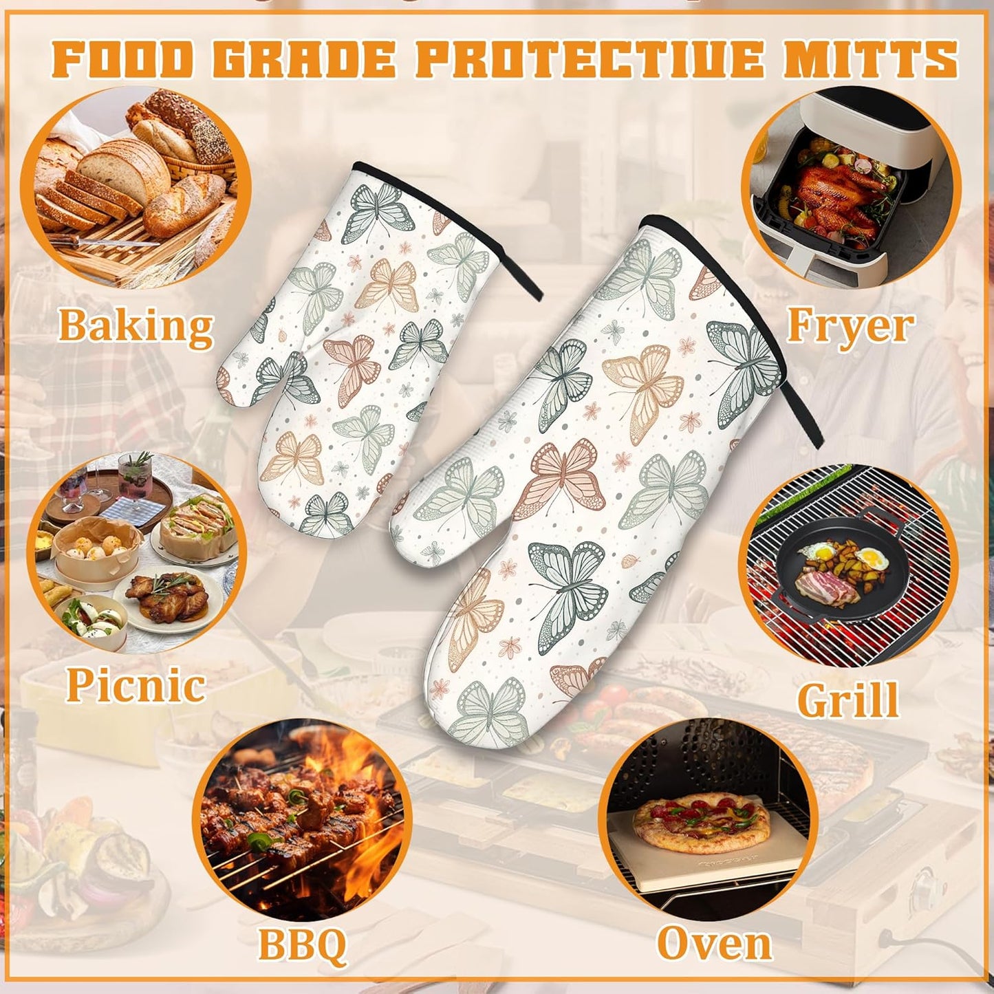 Butterfly Vintage Oven Mitts and Pot Holders Set,Boho Kitchen Decor Heat Resistant Non Slip Hot Pads and Oven Mitt for Chef Cooking Baking BBQ Mom Girl Gifts(4 Piece Set)