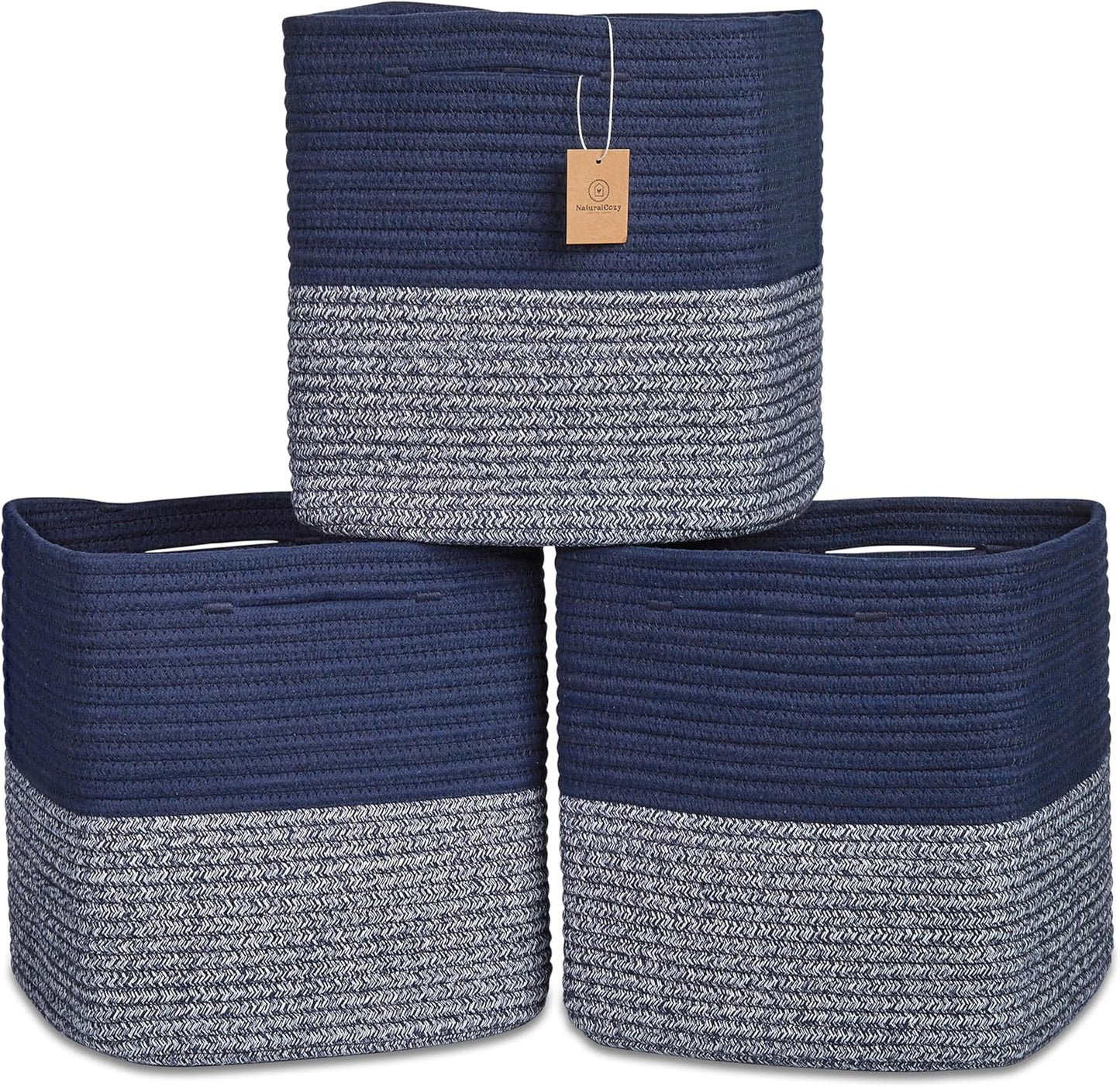 NaturalCozy 13 Inch Cube Storage Bins Cotton Rope Woven Baskets for Organizing 3-Pack | 13 x 13 Storage Cubes | Fabric Square Storage Baskets for Shelves Organizer, Kids Toy Bins, Closet Baby Nursery