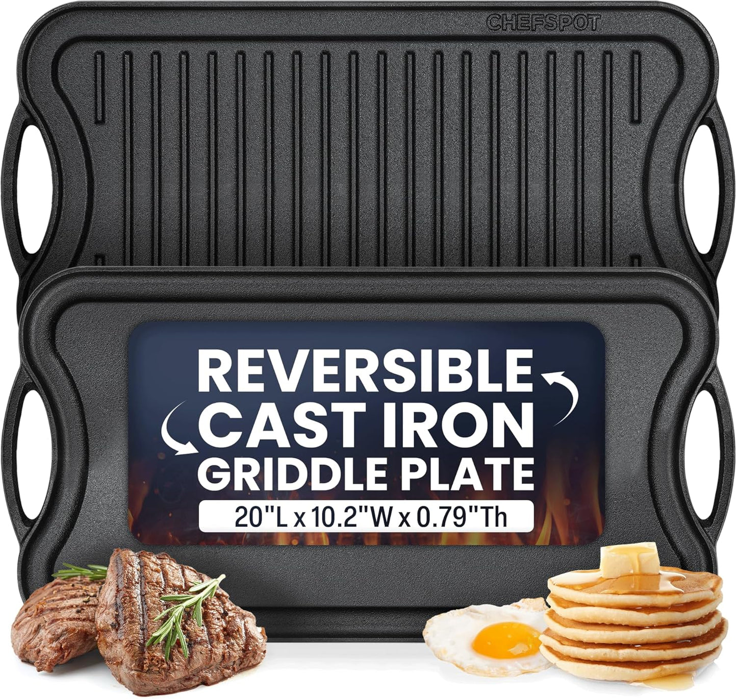 Griddle Pan for Stove Top – 20" Reversible Cast Iron Double Burner Griddle Plate, Multi-Use Preseasoned Pancake Pan with Handles - Works on most Stovetops, Grills, and Fire