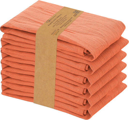RUVANTI Flour Sack Towels 6 Pack 28x28 Inch, 100% Cotton Tea Towel, Reusable, Machine Washable, Absorbent BarTowels - Dish Cloth Perfect for Drying Dishes & Cleaning - Orange