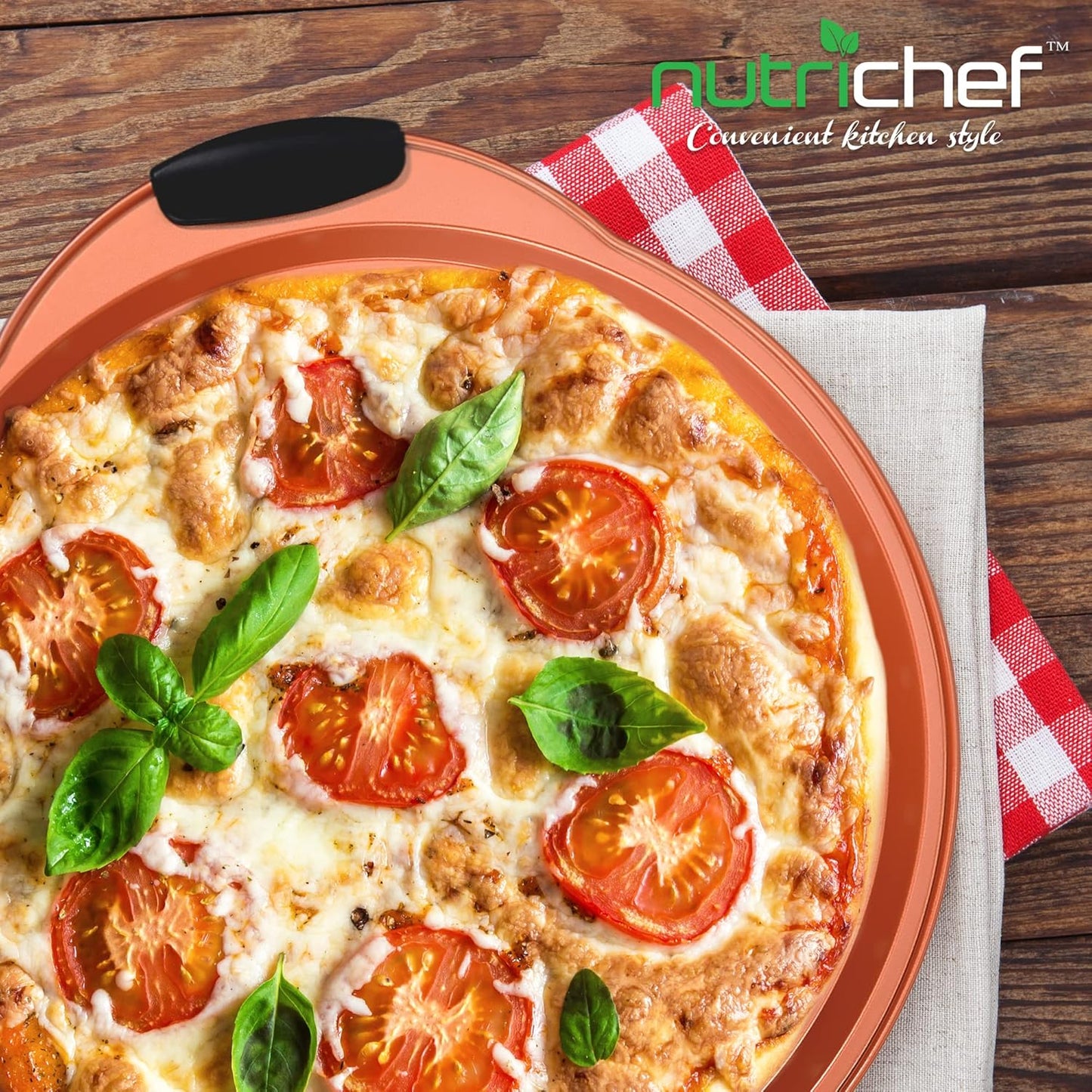 NutriChef 13-Inch Nonstick Pizza Tray - Round Carbon Steel Non-Stick Pizza Baking Pan with Perforated Holes, Premium Bakeware Pizza Screen with Silicone Grip Handles, Dishwasher Safe - Copper