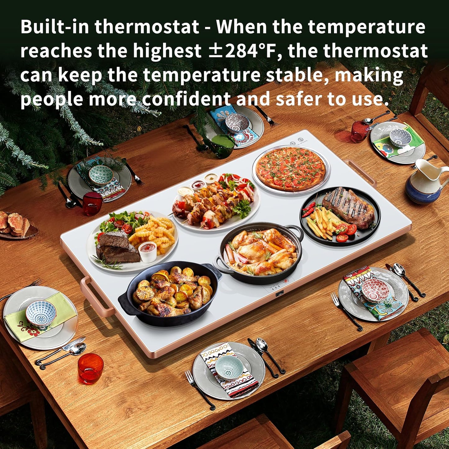 Electric Warming Tray (XXL 32”x18”)，Food Warmers for Parties Buffet with Thermostat&Full Surface Heating,Tempered Glass Warming Mat for Food, Temperature Adjustable Gold Handles Food Warming Mat,White