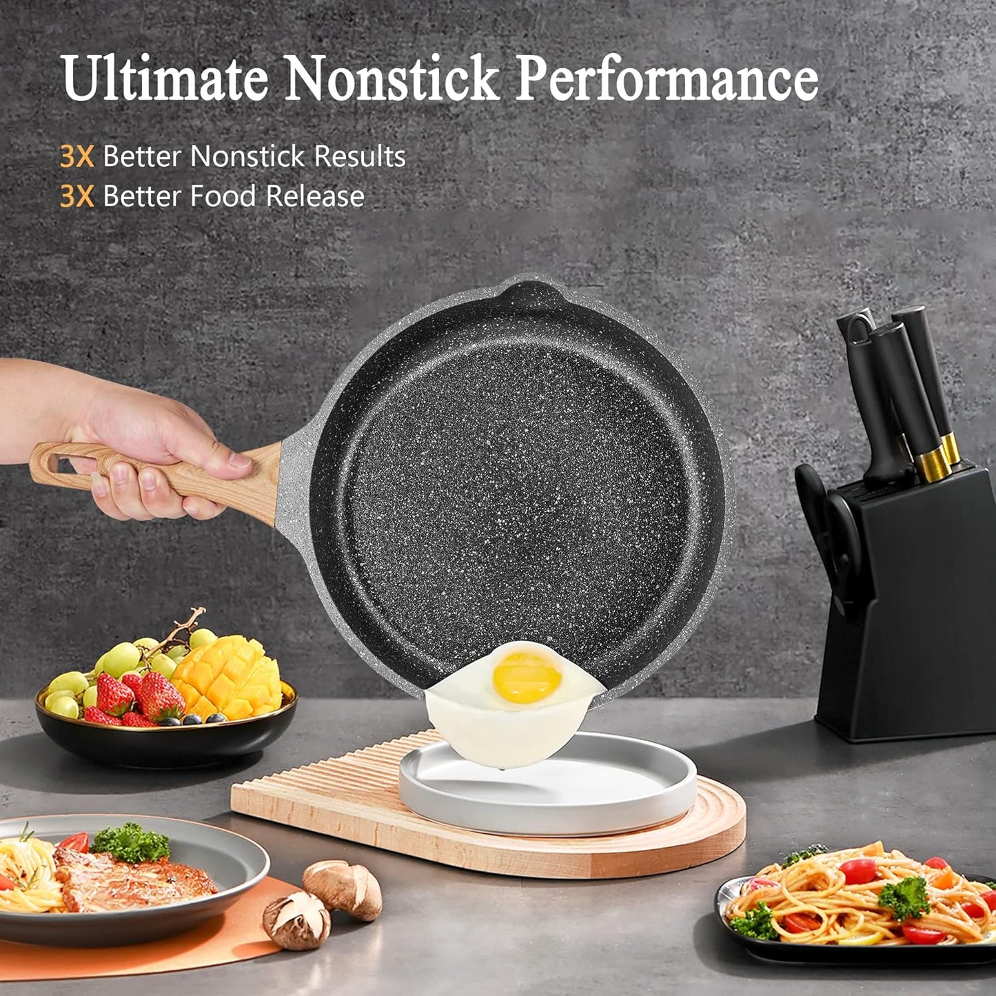 Non Stick Frying Pan Set - YIIFEEO Granite Skillet Set with 100% PFOA & PTFE Free, Induction Egg Omelette Pans for Cooking Pan Set, Cookware Set Nonstick Pots and Pans Set Gift for Women