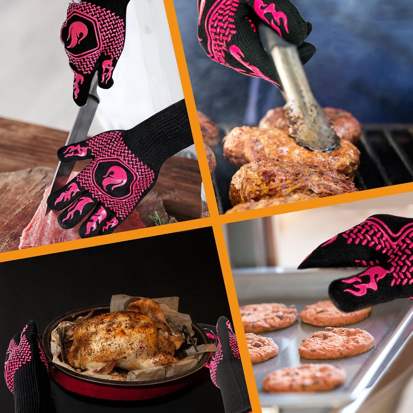 BBQ Fireproof Gloves, Grill Cut-Resistant Gloves 1472°F Heat Resistant Gloves, Non-Slip Silicone Oven Gloves, Kitchen Safe Cooking Gloves for Oven Mitts,Barbecue,Cooking, Frying,13.5 Inch-Rose Pink