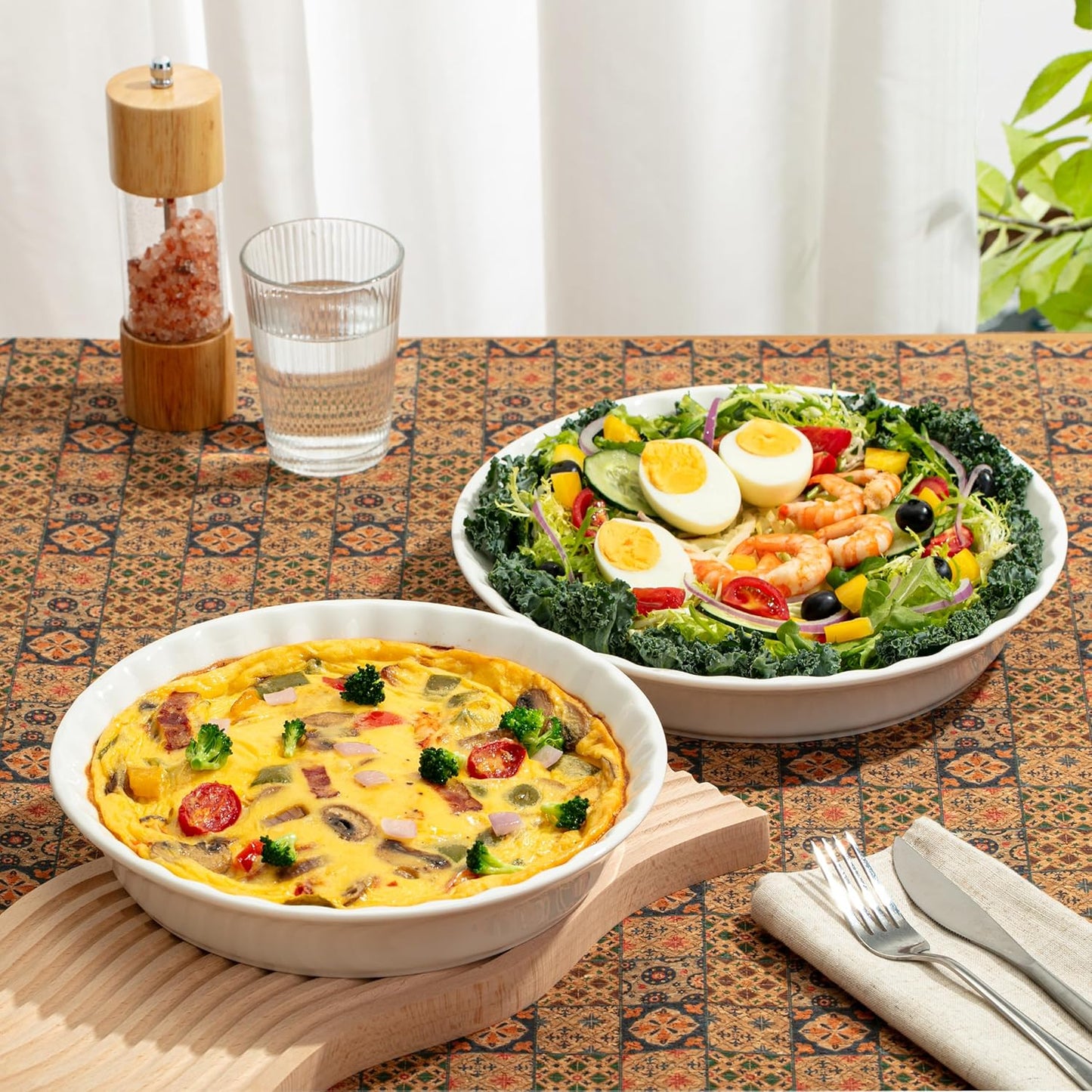 Brew To A Tea - Classic White Ceramic Pie Dish Set, 2 Pcs, 10.5" & 9.5", Pie Pans for Baking, Deep Dish Pie Plate