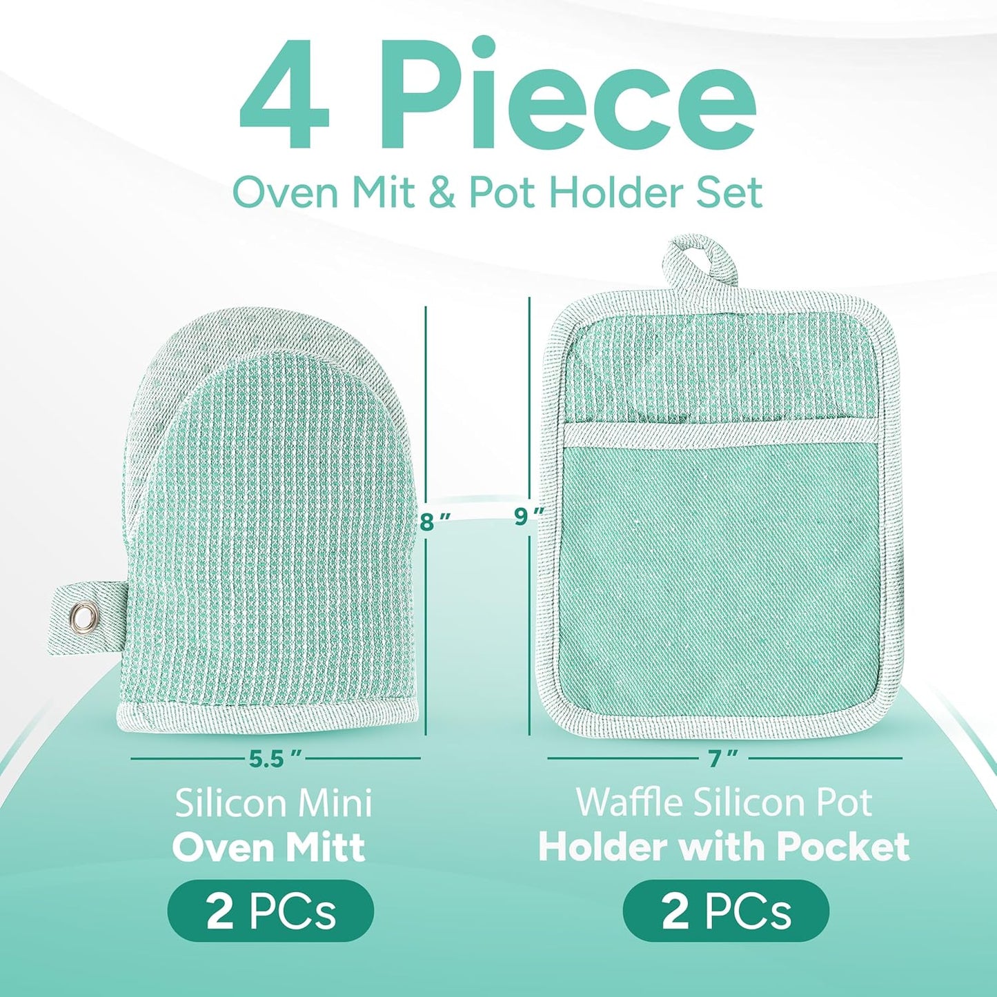 Casa Platino Heat Resistant Oven Mitts & Pot Holders, 4-Piece – Oven Mitt for Baking & BBQ, Potholders for Kitchens – Withstands Heat Up to 500°F, Soft, Durable & Non-Slip – Sage