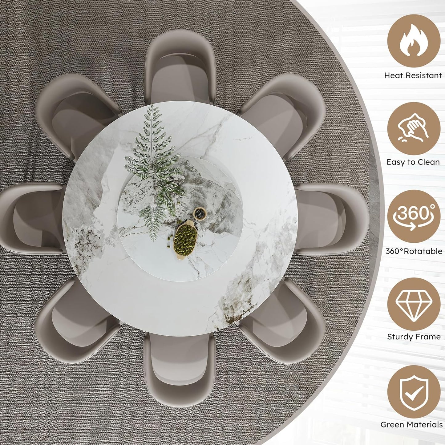 Montary 9 Piece Dining Table Chairs Set, Modern Dining Table Set of 8, Includes 59" D Marble Round Table with Black Metal Cone Base, 8 Gray Texture Dining Chairs for Home, Kitchen