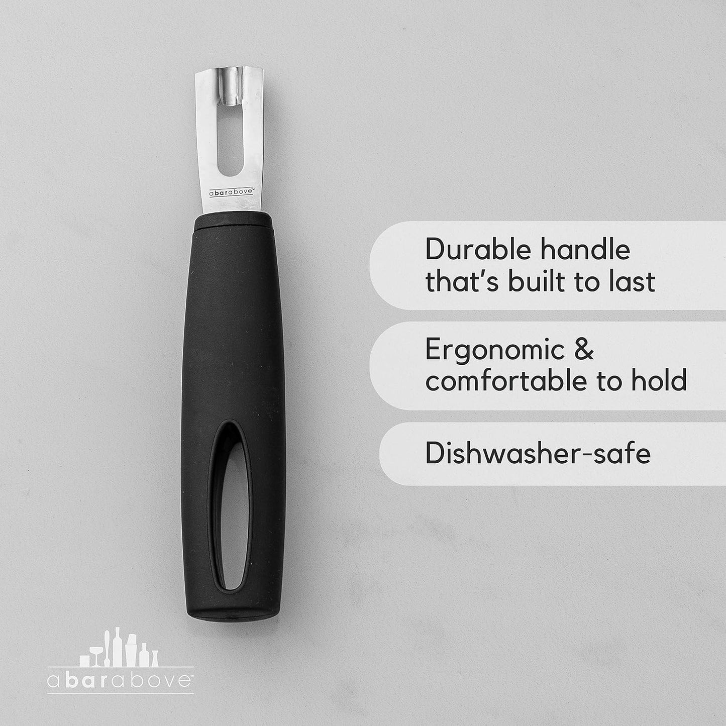 A Bar Above Black Handle Stainless Steel Channel Knife, Chef-Grade Citrus Garnish Tool, Zester and Fruit Peeler for Cocktails, Culinary Presentation, and Kitchen Use