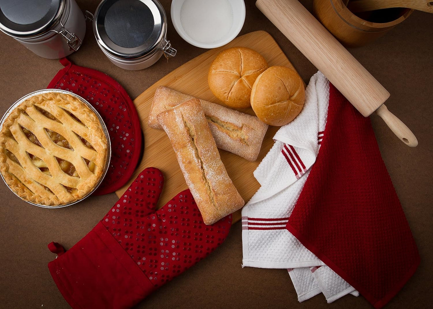 Sticky Toffee 9-Piece Kitchen Set – Red 100% Cotton Terry Dish Towels, Dishcloths, Oven Mitts, and Pot Holders with Non-Slip Silicone, Oeko-Tex Cotton