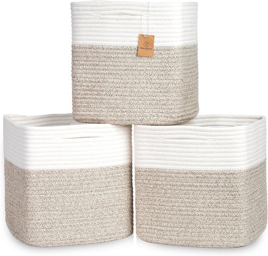 NaturalCozy 13 Inch Cube Storage Bins Cotton Rope Woven Baskets for Organizing 3-Pack | 13 x 13 Storage Cubes | Fabric Square Storage Baskets for Shelves Organizer, Kids Toy Bins, Closet Baby Nursery