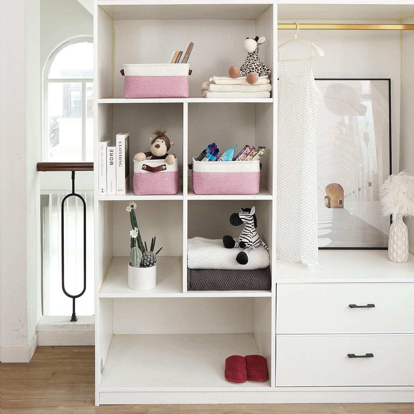 OrganiHaus Small Fabric Storage Baskets for Shelves 6 Pack, 12x8in Closet Storage Bins for Shelves, Cloth Baskets for Organizing, Linen Closet Organizers, Fabric Basket, Pink/White