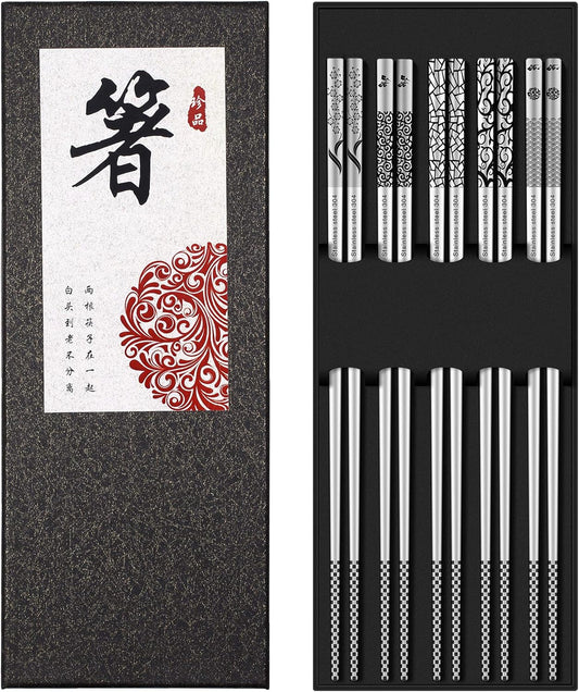 Metal Chopsticks Reusable 18/8 Stainless Steel Chopsticks Multipack Dishwasher Safe Chop Sticks Cute Laser Engraved Non-slip Japanese Korean Chopstick for Cooking Eating 9 1/4 Inches 5 Pairs Gift Set