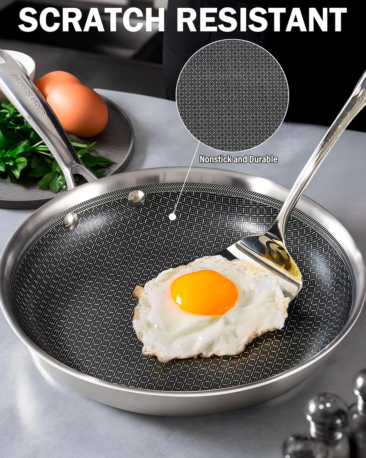 Cooks Standard Hybrid Nonstick Frying Pan Set, 8 and 10-Inch Multi-Ply Clad Stainless Steel 2 Piece Skillet with Tempered Glass Lids, Oven Safe, Compatible with All Stovetops