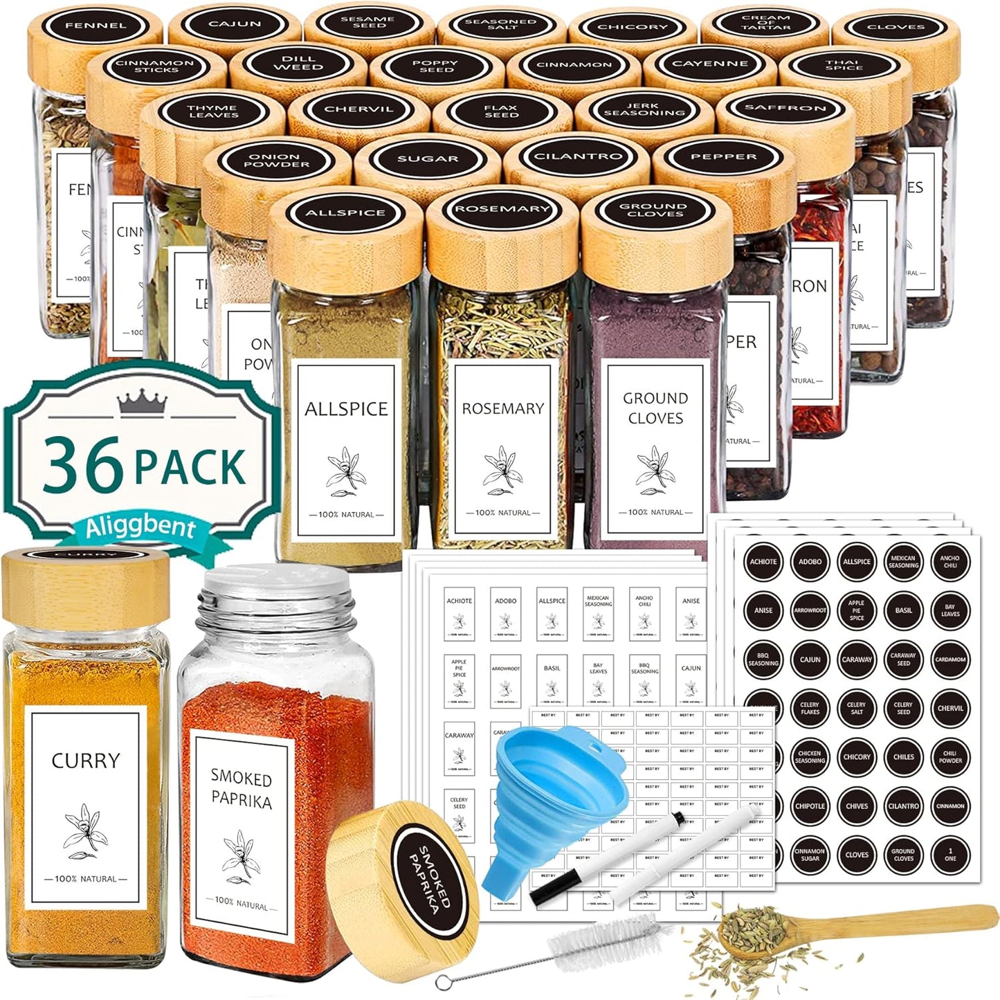 Aliggbent Spice Jars with Lable, 36 Pcs 4 oz Glass Spice Jars with Bamboo Lids, Spice Containers Bottles, Glass Seasoning Jars with Shaker Lids, Collapsible Funnel, for Spice Racks, Pantry,Cupboard