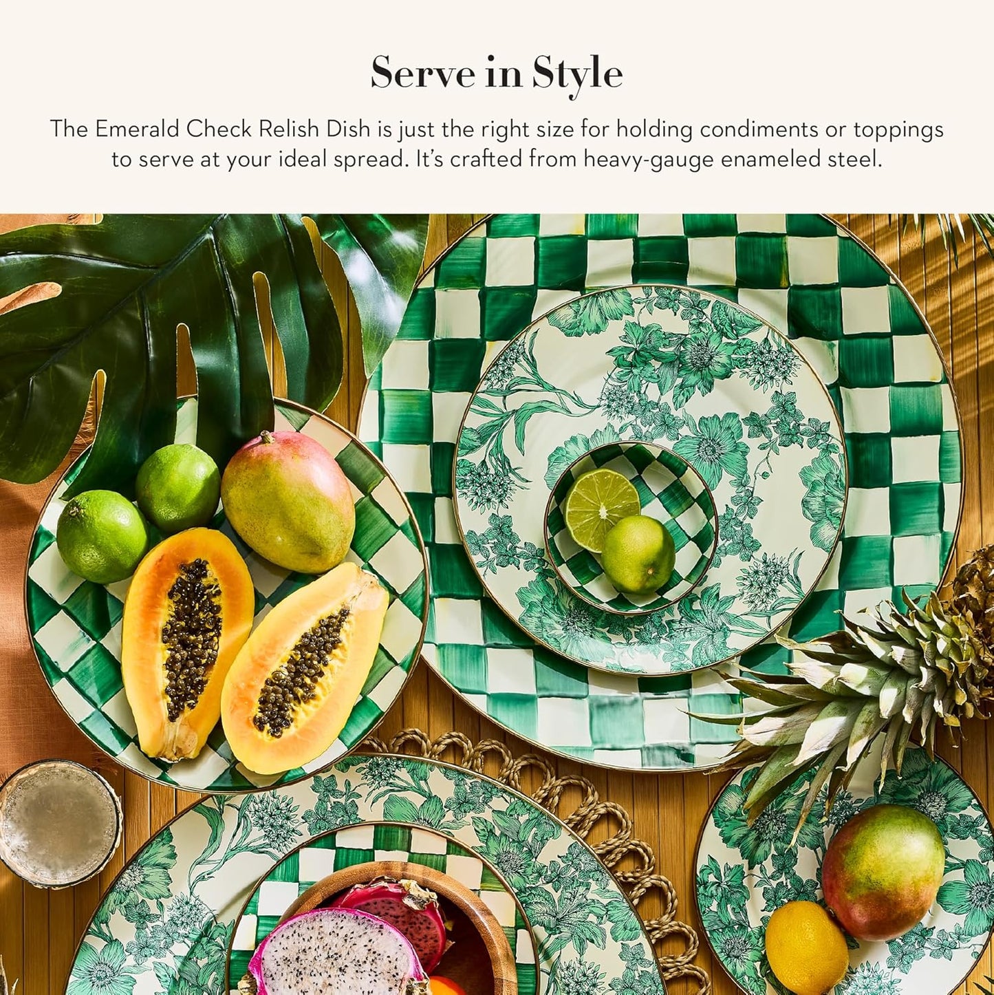 MACKENZIE-CHILDS Enamel Relish Dish, Small Serving Bowl for Entertaining, Green-and-White Emerald Check