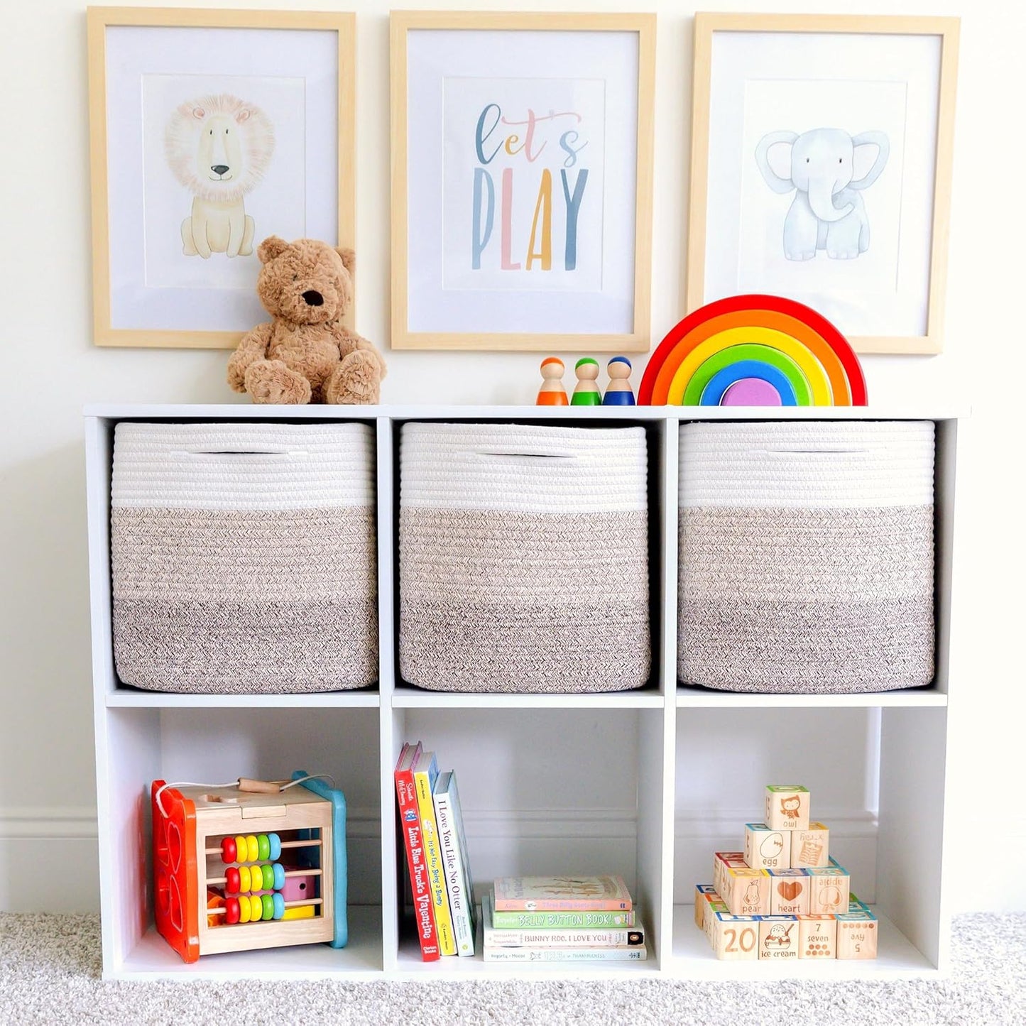 NaturalCozy 13 Inch Cube Storage Bins Cotton Rope Woven Baskets for Organizing 3-Pack | 13 x 13 Storage Cubes | Fabric Square Storage Baskets for Shelves Organizer, Kids Toy Bins, Closet Baby Nursery