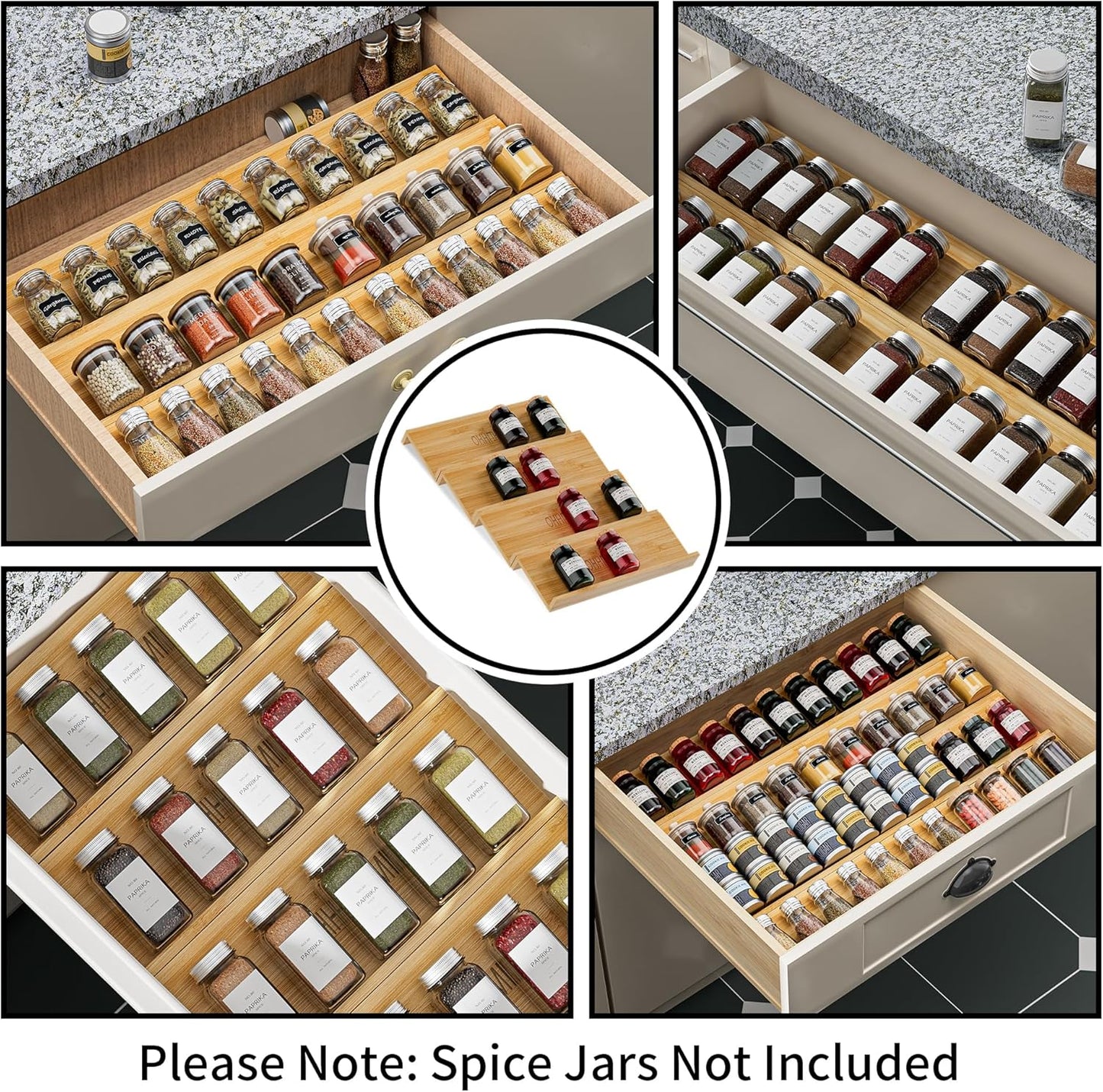 Bamboo Spice Drawer Organizer - 4 Pack 13"x4.7"x1.6" Spice Rack Tray - Spice Jars Drawers Insert - Seasoning Organizer for Drawers/Countertop (Jars not included)…