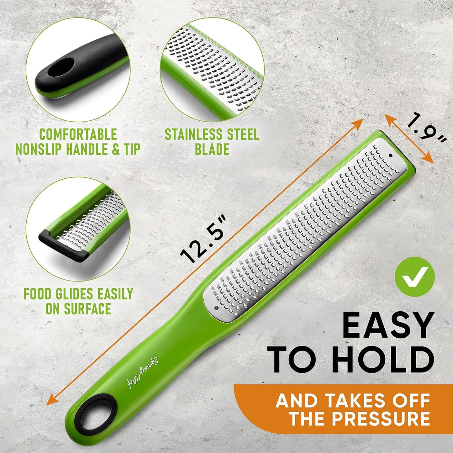 Spring Chef Premium Lemon Zester Grater with Handle - Orange, Garlic, Ginger, Nutmeg, Cheese Grater- Handheld Sharp Kitchen Tool - Stainless Steel Citrus Zester with Blade Cover - Fine Shred, Green