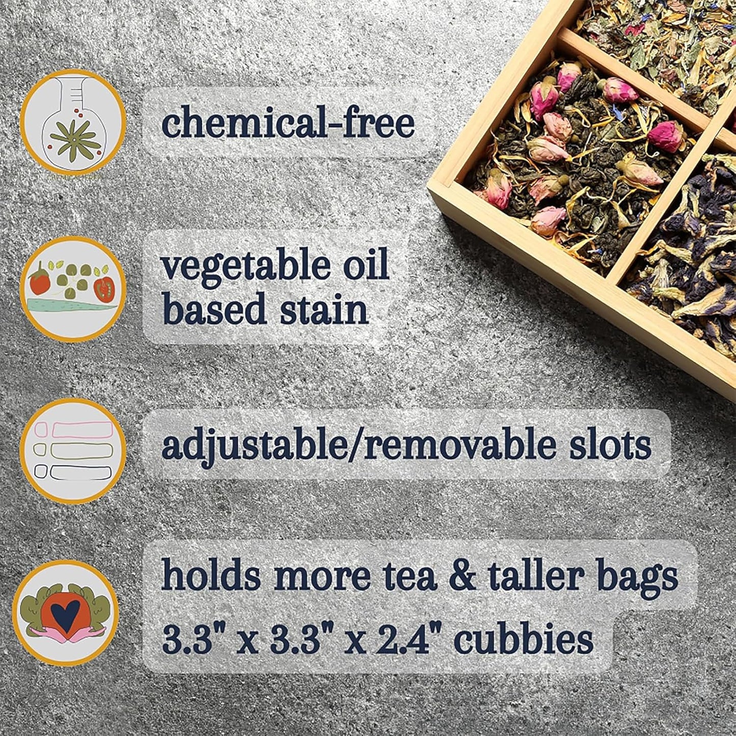 Tea Organizer Box Food Safe Chemical Free Bamboo Wood Storage Chest Big, Tall, Adjustable Cubbies (6-Slot 11" x 8.1" x 4.2" with TEA stamp design)