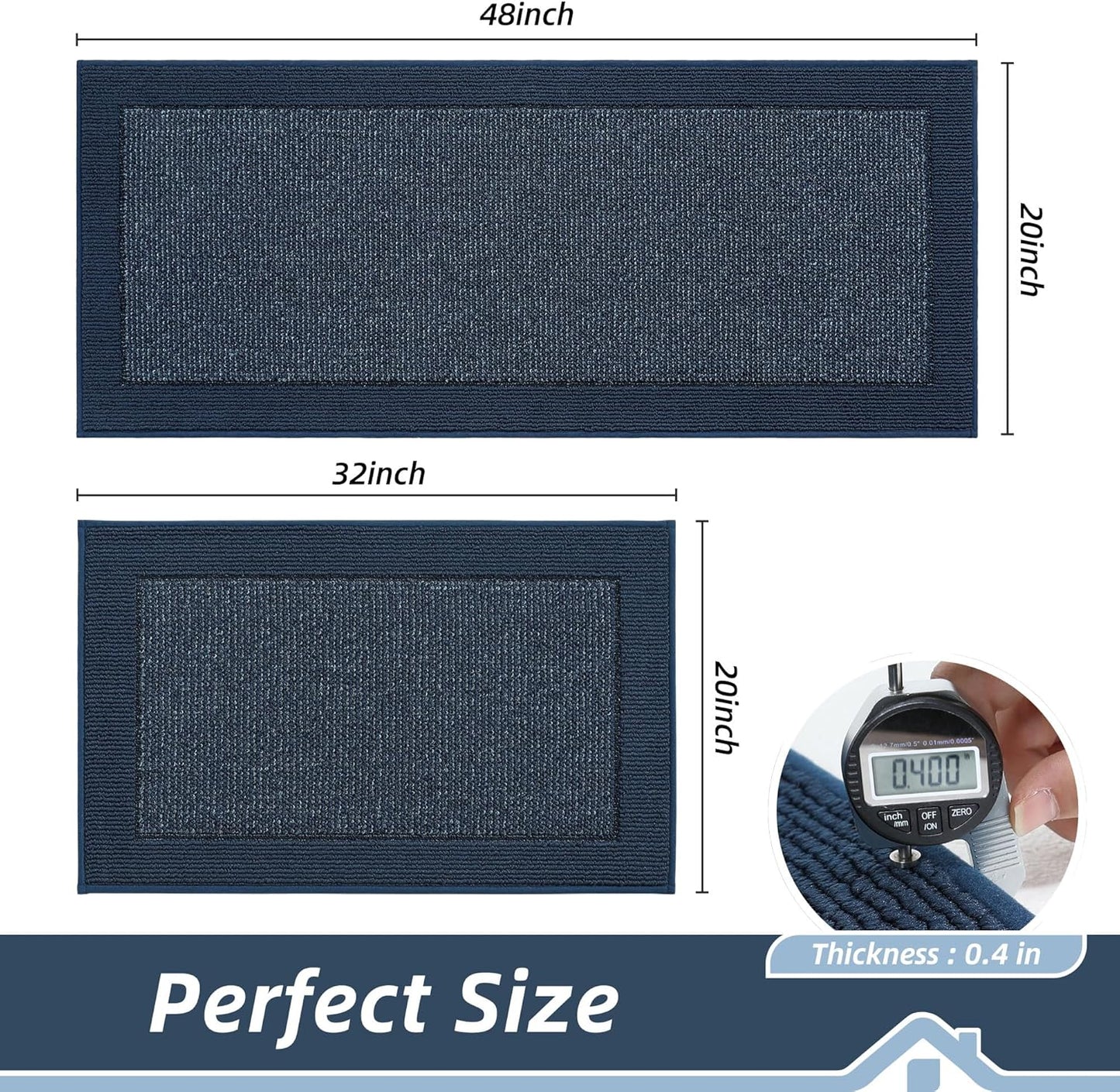 BEQHAUSE Kitchen Rugs and Mats Set of 2 Non-Slip Kitchen Mats for Floor, Absorbent and Stain Resistant Kitchen Runner, Machine Washable Rugs for Kitchen, Laundry & Sink, 20"x32"+20"x48", Blue