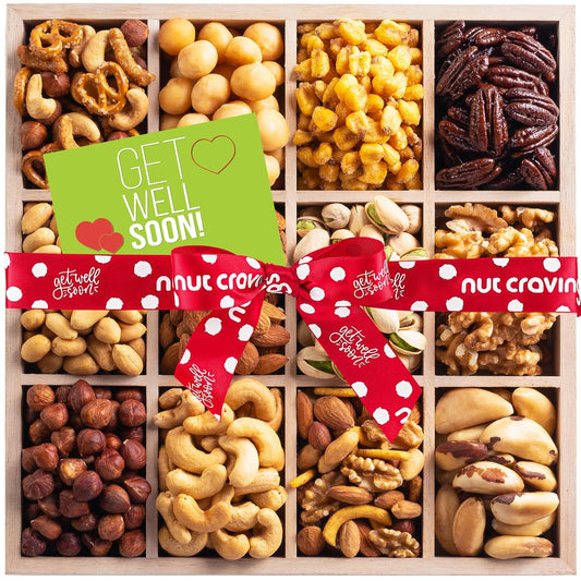 NUT CRAVINGS Gourmet Collection - Get Well Soon, Nuts Gift Basket with Get Well Soon Ribbon in Reusable Wooden Tray (12 Assortments) Food Arrangement, Healthy Snack Care Package, Food Assortments