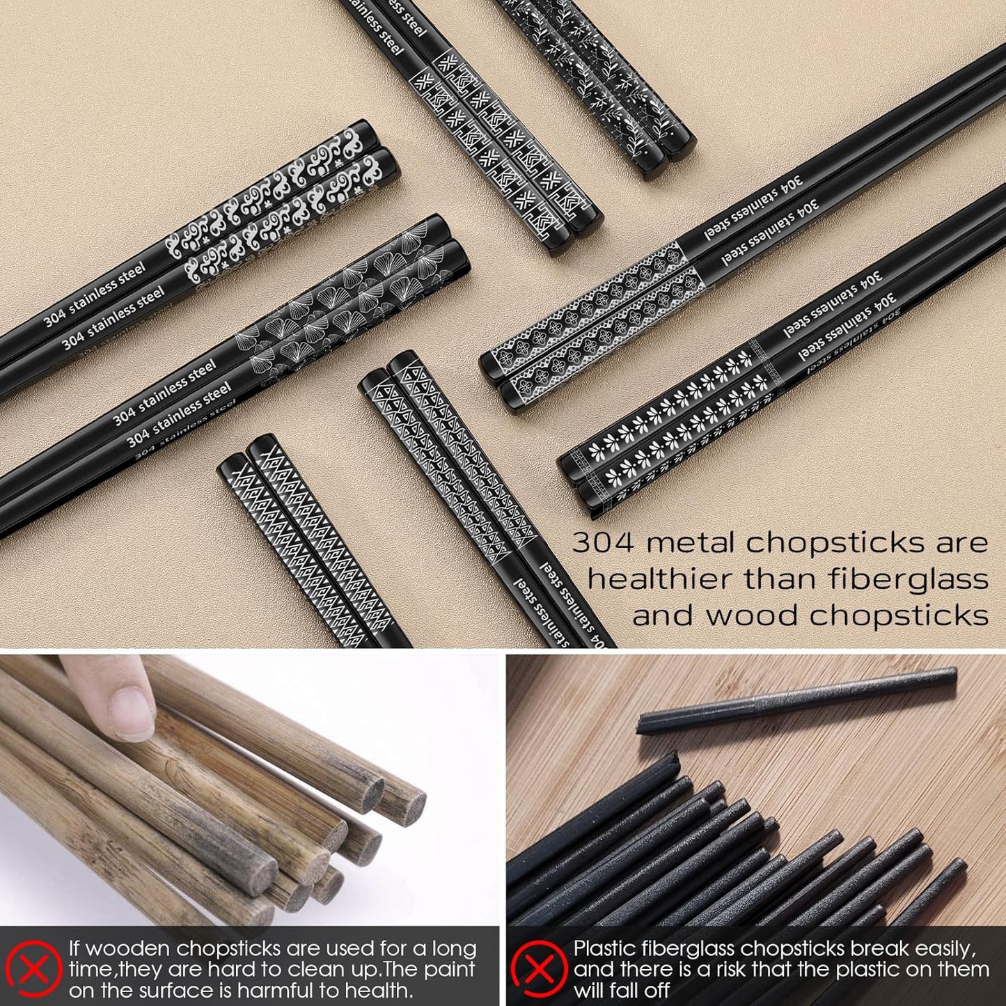 8 Pairs Metal Chopsticks Reusable Black Stainless Steel Chopsticks Set Laser Engraved Non-slip Japanese Korean Chinese Chopstick for Cooking Eating Dishwasher Safe 9.25" Chop Sticks Gift Set