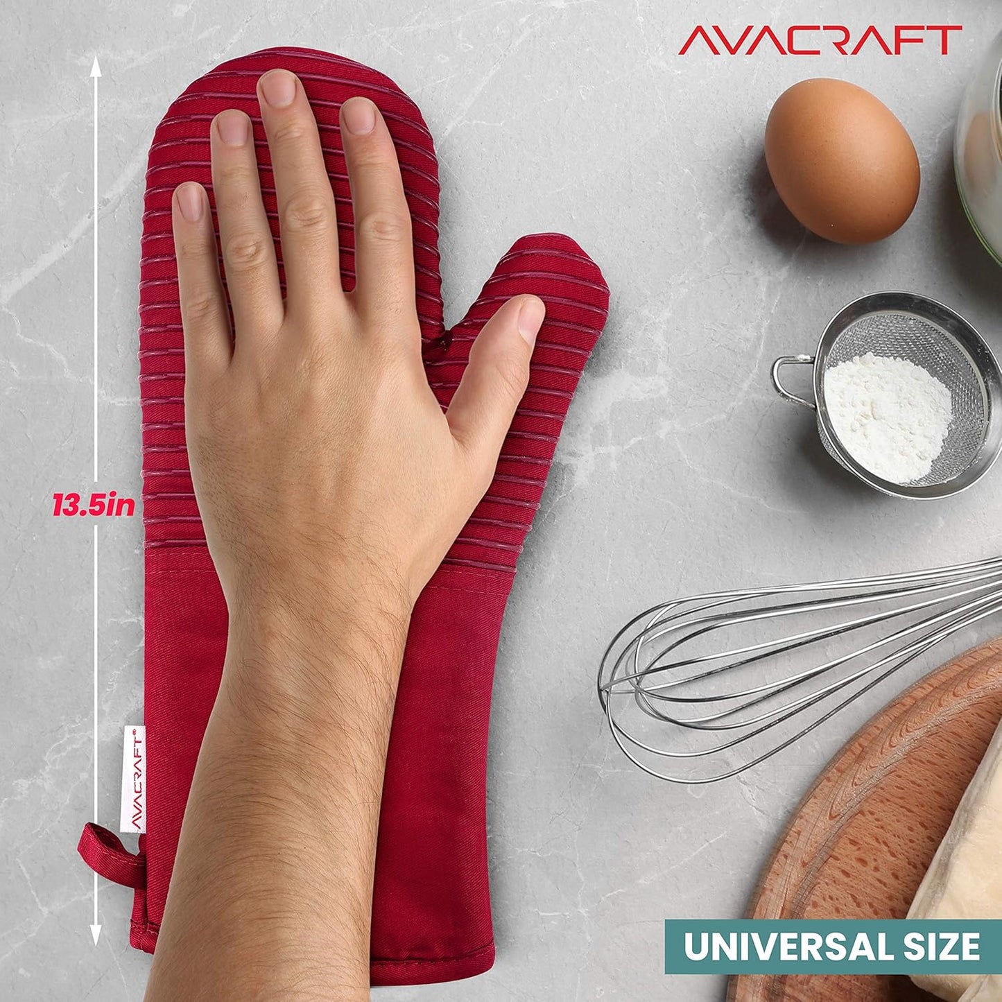 AVACRAFT Oven Mitts Pair, Flexible, 100% Cotton with Unique Heat Resistant Food Grade Silicone, Thick Terry Cloth Interior, 500 F Heat Resistant (Red Oven Mitts)