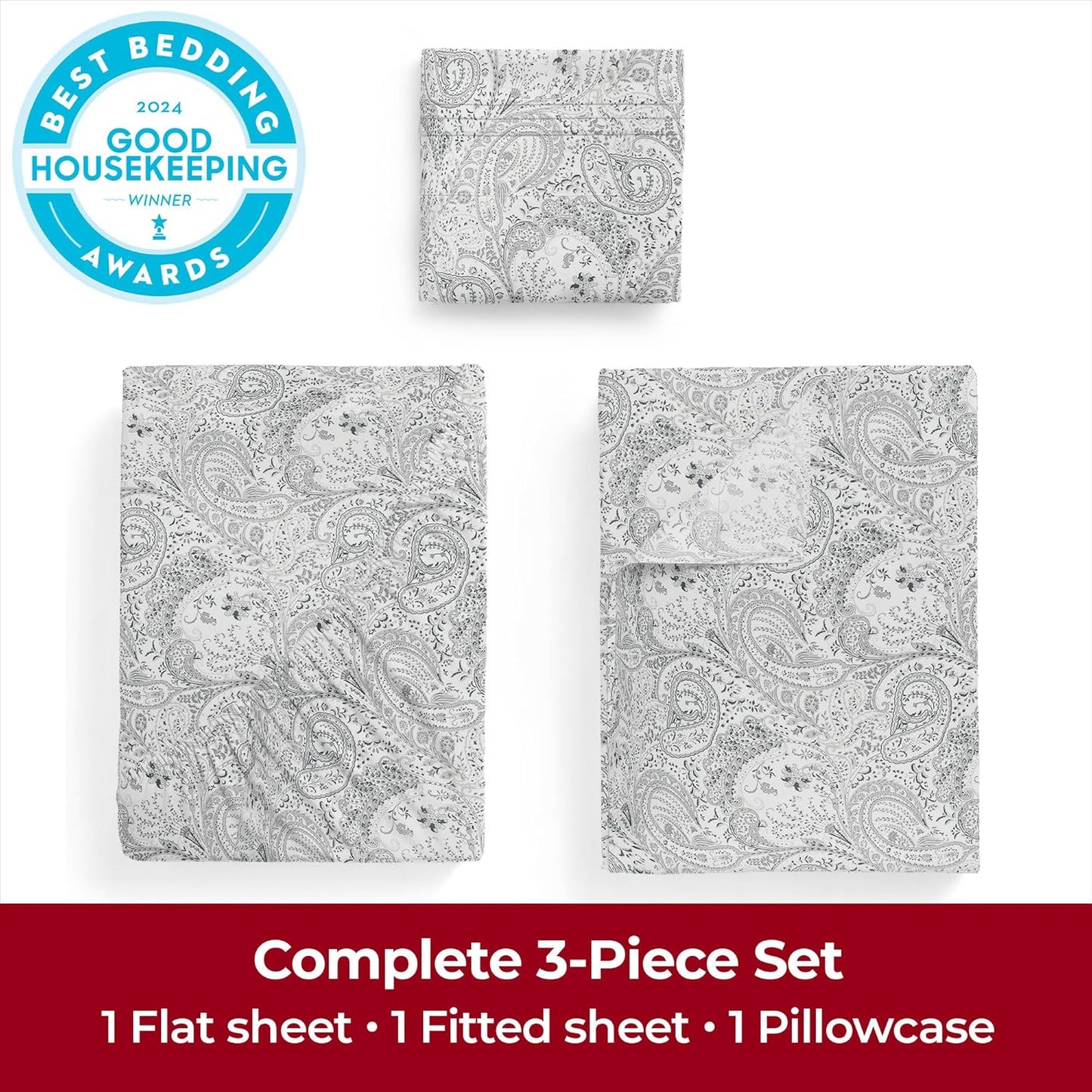 Mellanni Extra Deep Twin Sheets - 3 PC Iconic Collection Bedding - Hotel Luxury, Ultra Soft, Cooling Bed Sheets - Wrinkle, Fade, Stain Resistant (Twin, Paisley Gray)