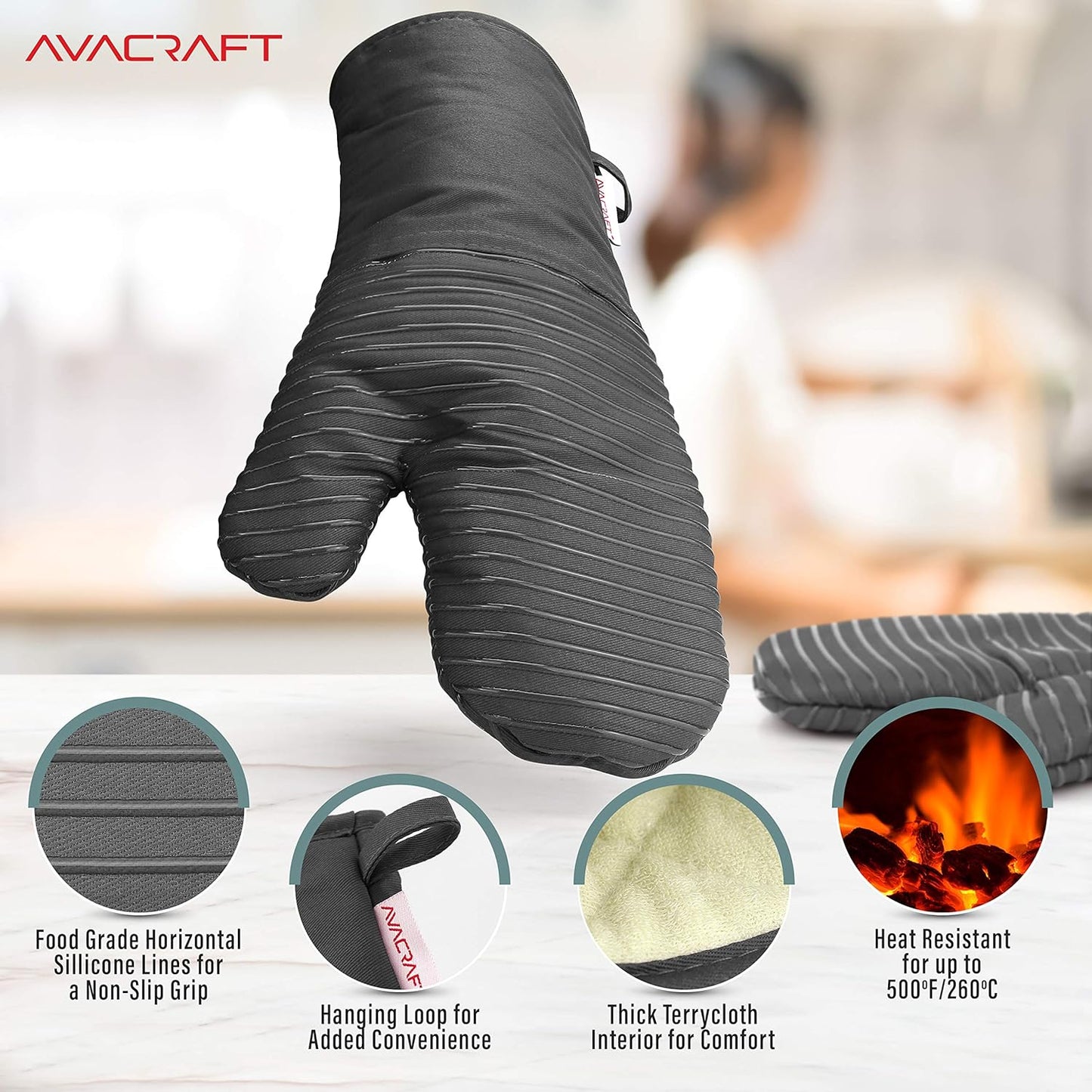 AVACRAFT Oven Mitts Pair, Flexible, 100% Cotton with Unique Heat Resistant Food Grade Silicone, Thick Terry Cloth Interior, 500 F Heat Resistant (Grey Oven Mitts)