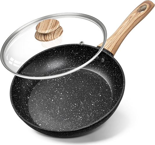 MICHELANGELO 8 Inch Nonstick Frying Pan with Lid, Non Stick Small Frying Pan with Non-Toxic Coating, Non-Stick Skillet with Ergonomic Handle, All Cooktops Compatible, Black