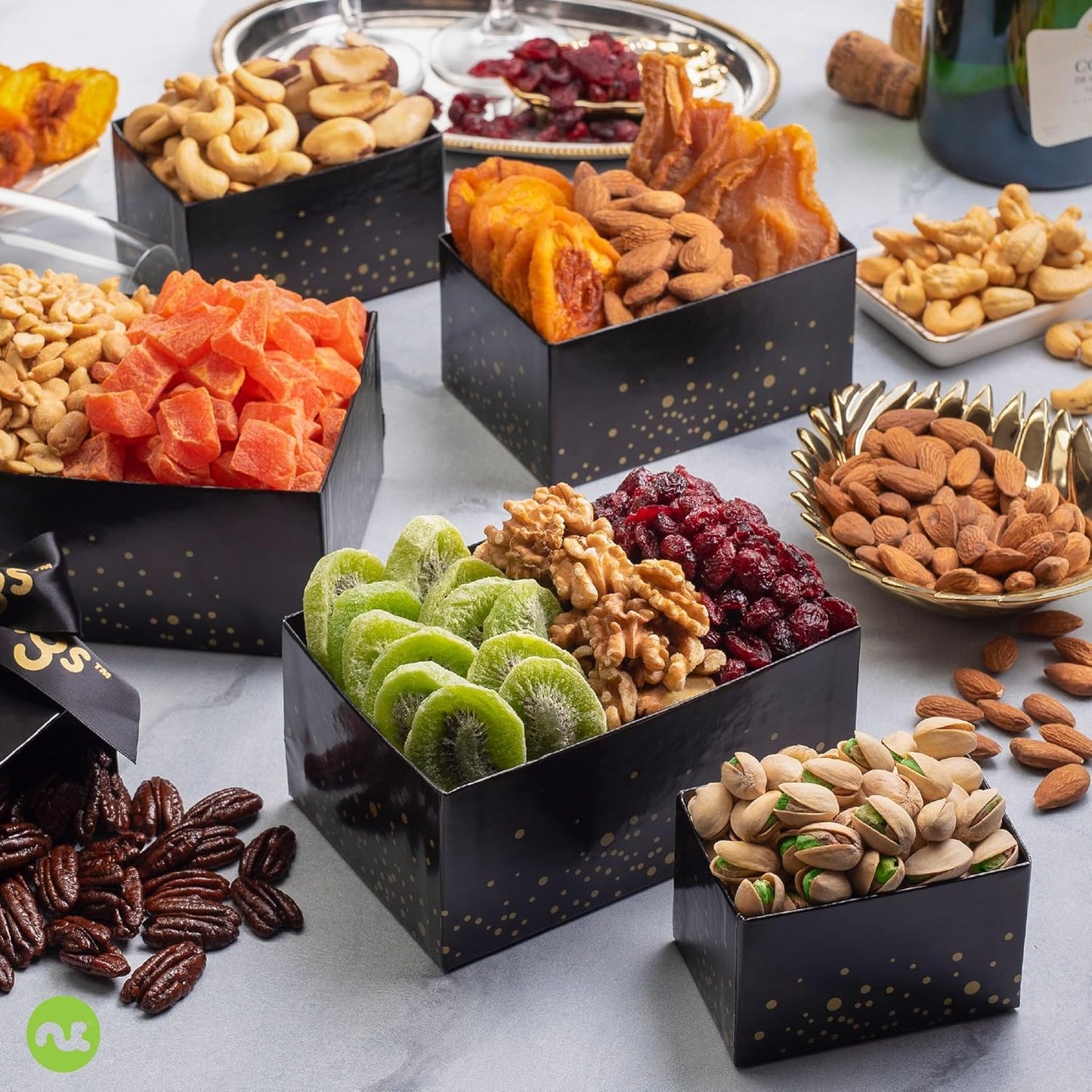 NUT CRAVINGS Gourmet Collection - Thinking of You, Nuts & Dried Fruits Tower Gift Basket, with TY Ribbon + Greeting Card (12 Assortments) Food Arrangement, Healthy Snack Care Package, Food Assortments