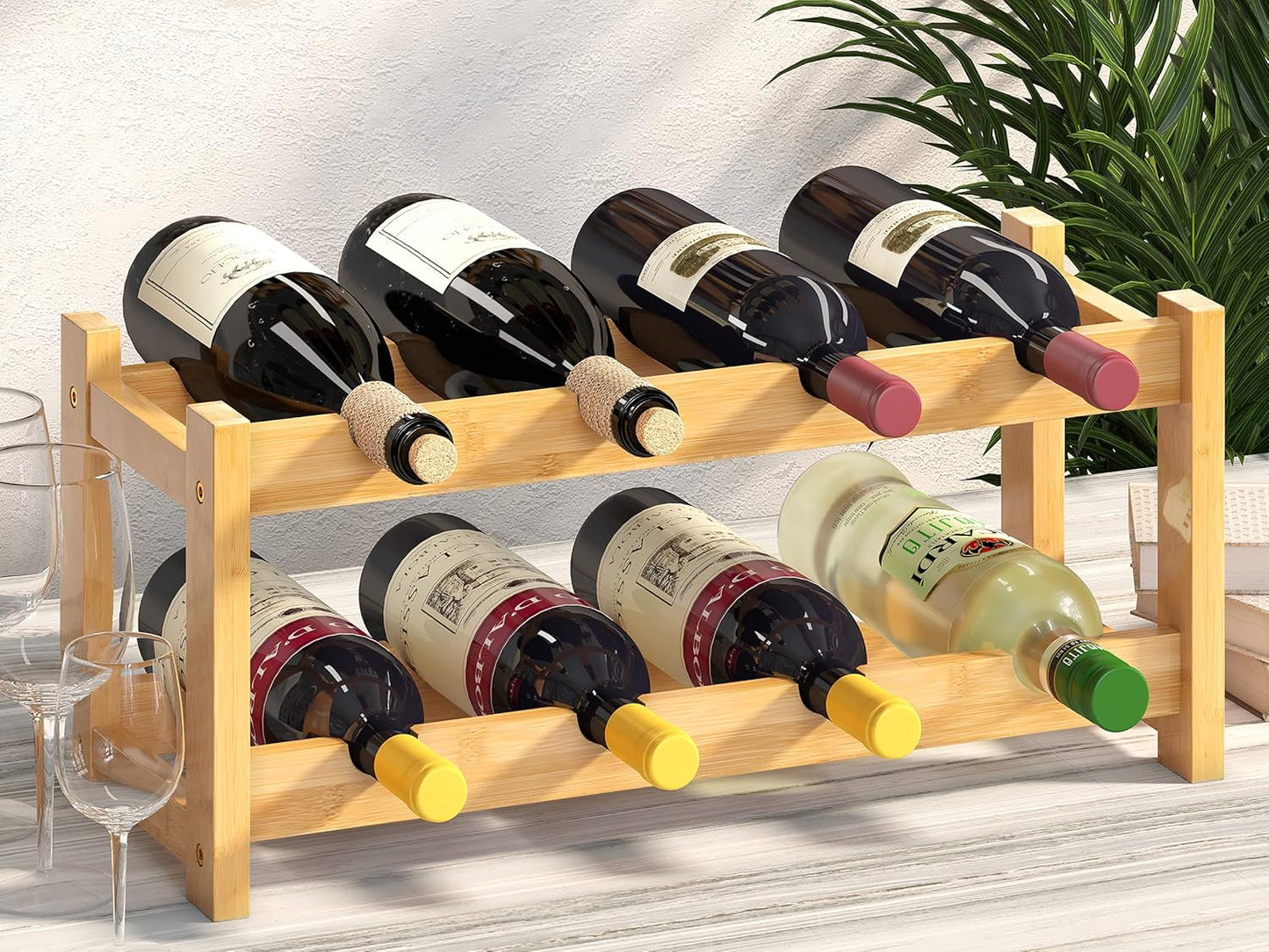 BAMEOS Wine Rack Freestanding 8 Bottle 2 Tier Bamboo Wine Racks Countertop Cabinet Wine Holder Wine Storage Shelf for Kitchen, Bar, Pantry, Wine Cellar, Basement, Countertop (16.85 L x 9.25W x 7H)