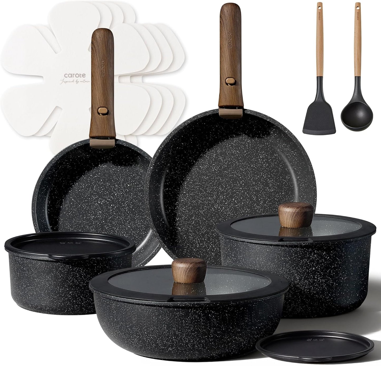 CAROTE 17pcs Pots and Pans Non Stick, Cookware Sets Detachable Handle, Induction Kitchen Pots and Pans,NonStick Cooking Set, Oven/Dishwasher/Fridge Safe, Space Saving