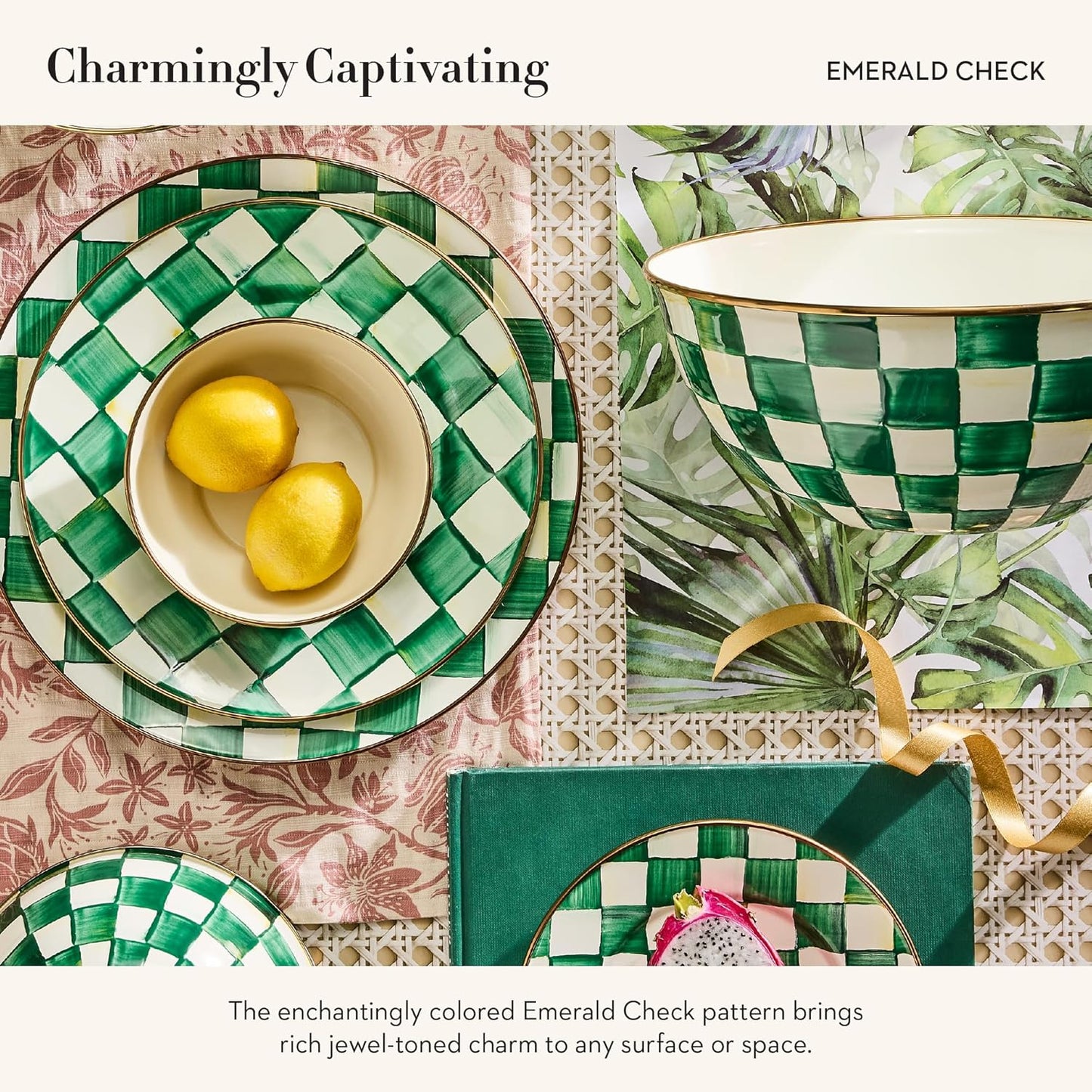 MACKENZIE-CHILDS Enamel Everyday Bowl, Serving Bowl for Entertaining, Small, Green-and-White Emerald Check